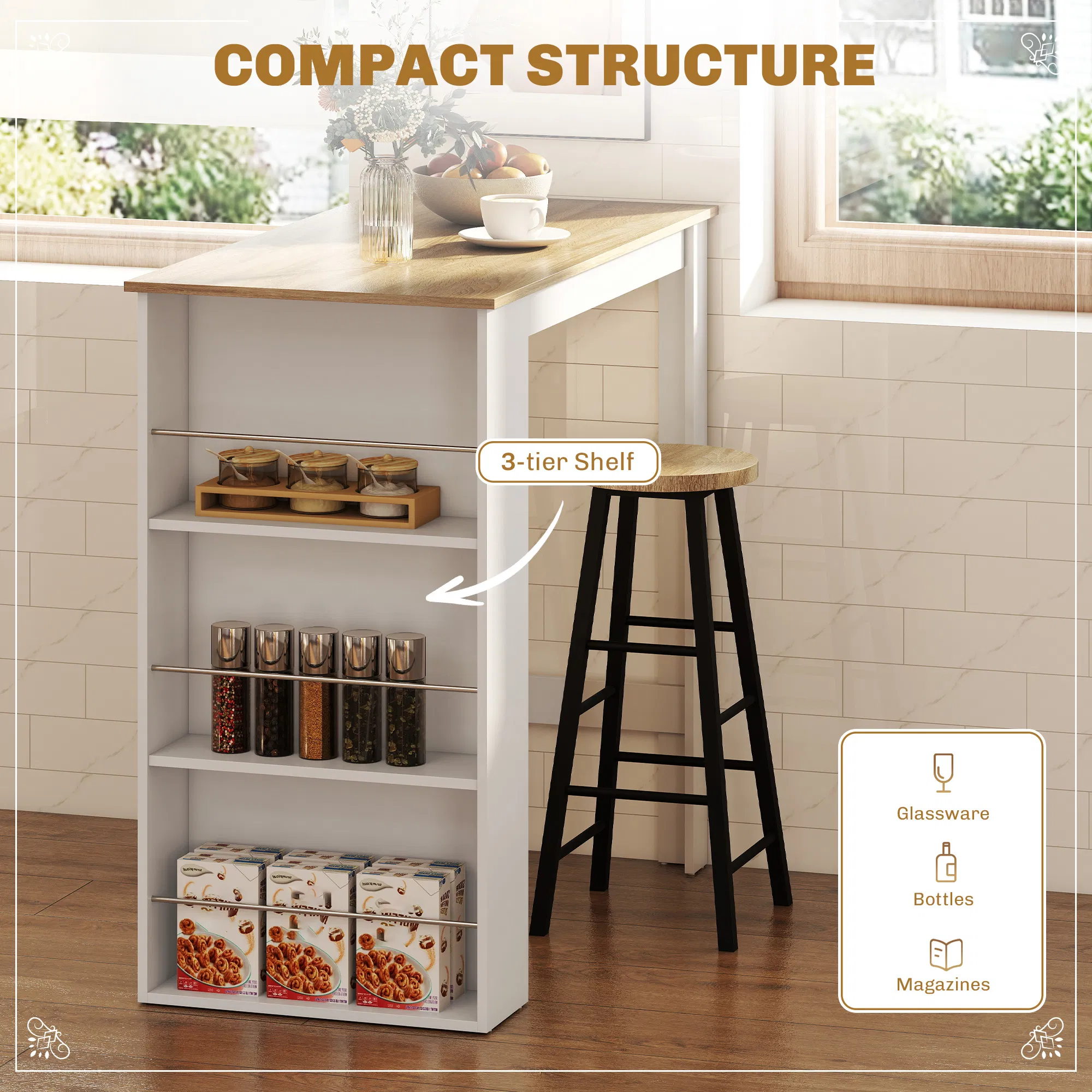 Bar Table Counter Height Dining Table with 3 Storage Shelves for Kitchen, Dining Room, Living Room, White photo 4