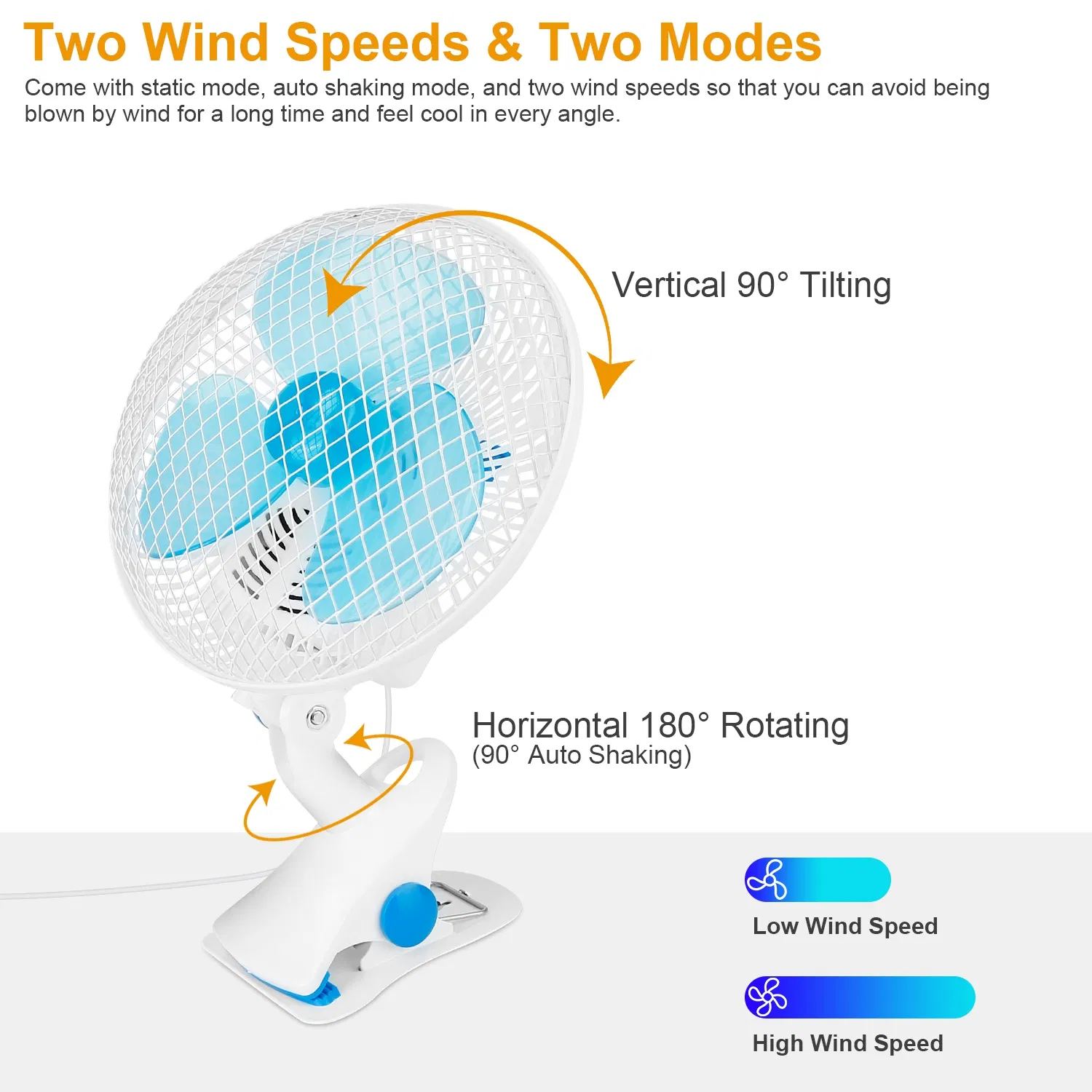 Clip On Fan 2 Speeds Quiet Clamp Fan Adjustable Tilt Auto Shaking Fan Wall Mount Personal Fan photo 4