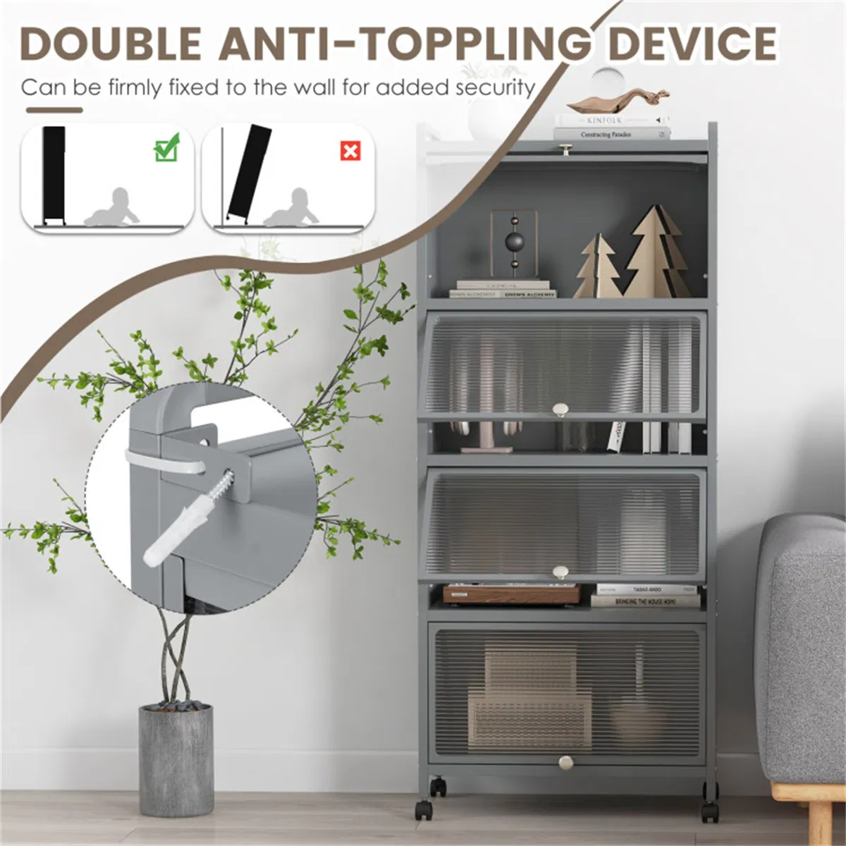 5-Tier Rolling Microwave Stand Flip Dust-Proof Doors 4 Casters with Brakes Kitchen Storage Rack Gray photo 3