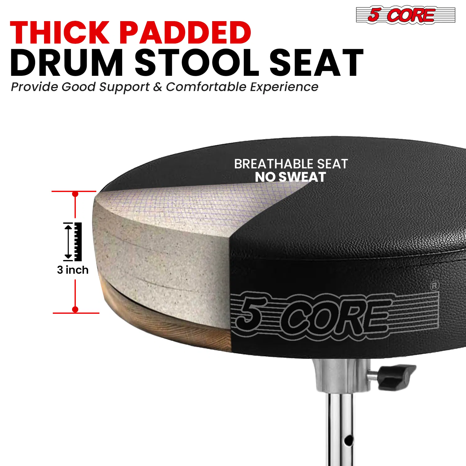 5 Core Drum Throne 3 Inch Thick Padded Comfortable Guitar Stool Double Braced Drummer Chair Height Adjustable Musician Seat For Adults And Kids photo 3