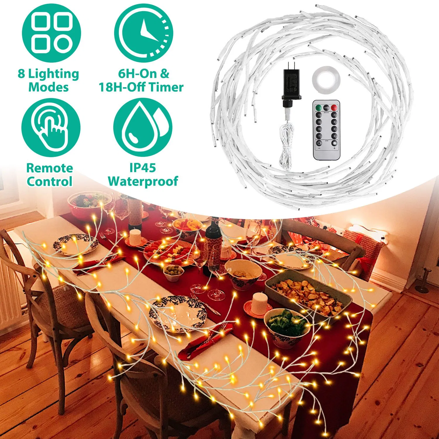 Lighted Birch Garland 7.87ft 144 LED, 8 Lighting Modes with Remote & 6H Timer, IP45 Waterproof Warm White Lights for Christmas Home Decor photo 3