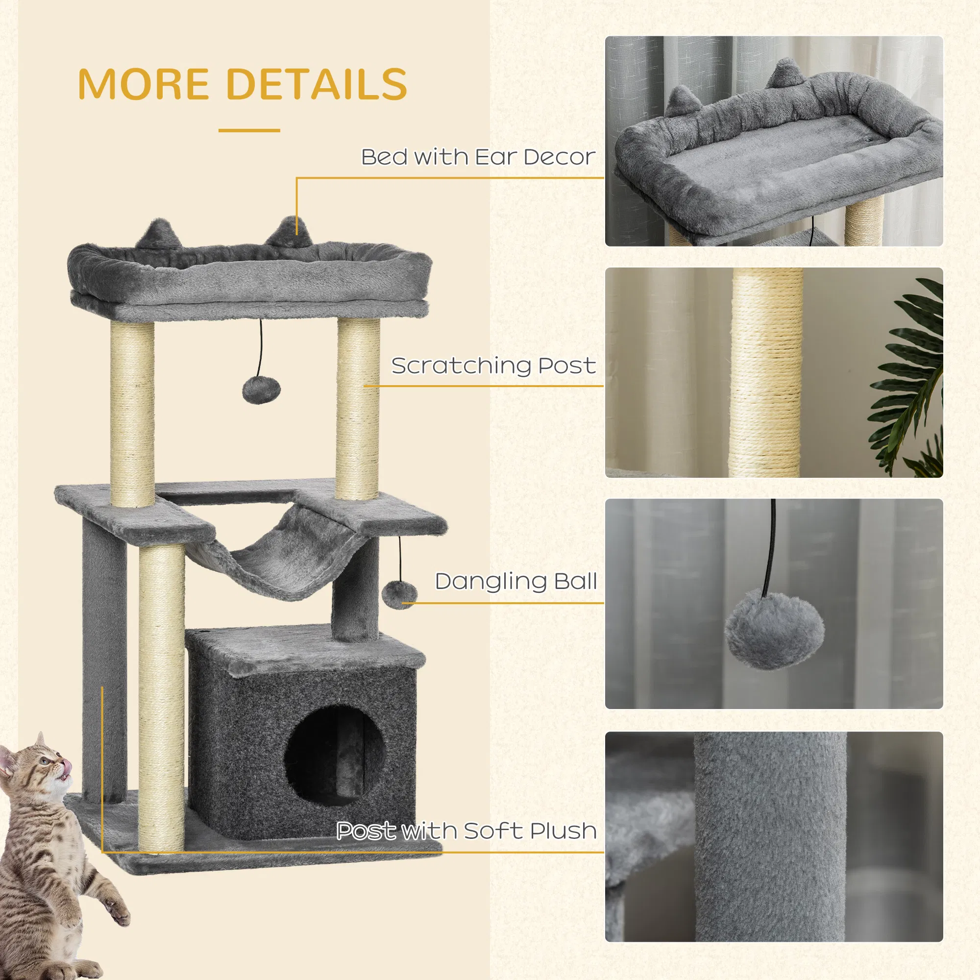 39.25'' Cat Tree Tower Multi-Level Kitten House with Scratching Post Condo Hammock Bed Ball Toy - Gray photo 3