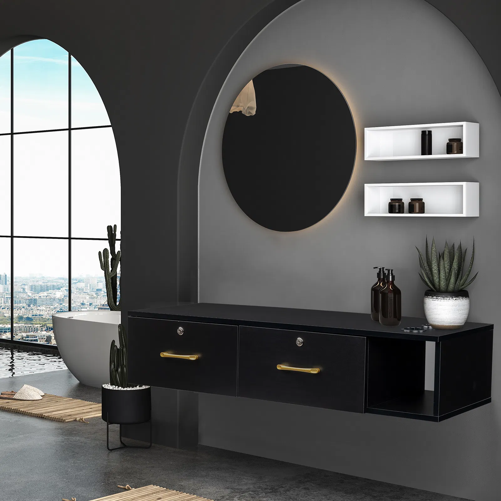 15cm E0 particleboard with hemp surface, two draws and three holes with lock, salon cabinet, black photo 5