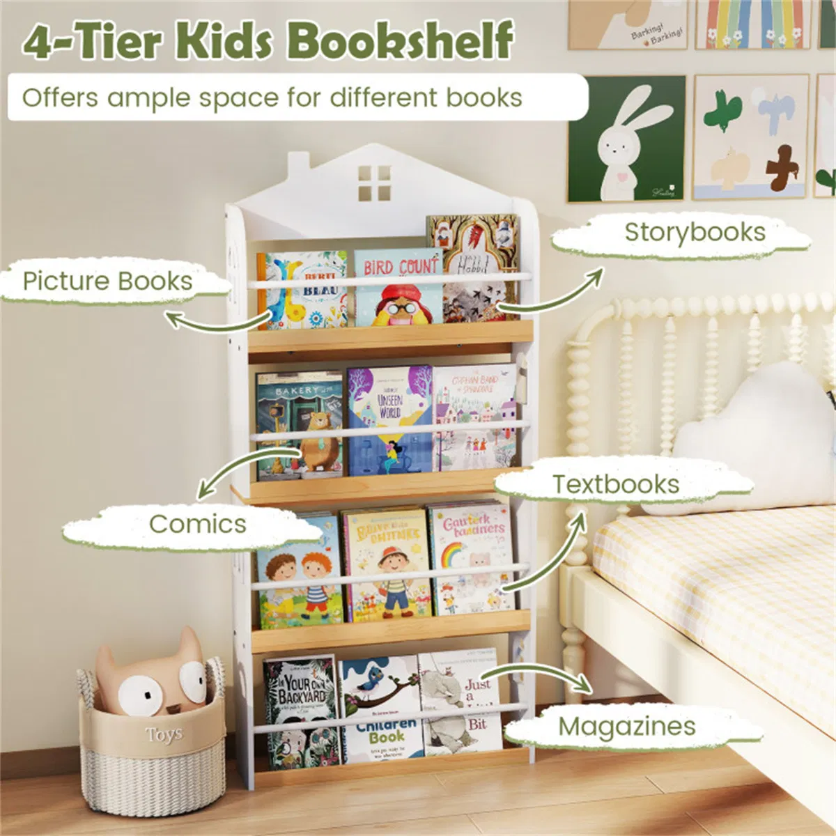 4-Tier House-Shaped Kids Bookshelf, 60.96×15.24×129.54 cm Front-Facing Book Rack with Anti-Toppling Kits for 3+ Years, White & Natural photo 4