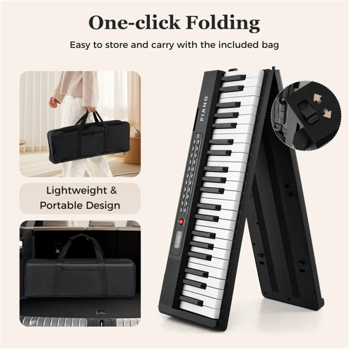 88-Key Semi-Weighted Foldable Digital Piano, 128.27×22.86×5.08 cm Light-Up Keys Keyboard with 3 Teaching Modes for Beginners, Black & White photo 4