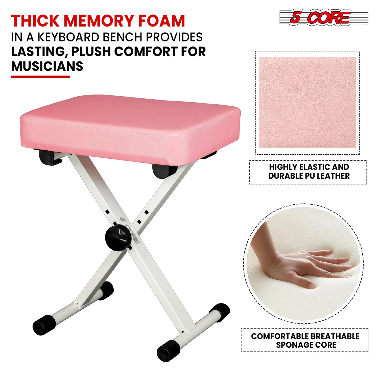 5 Core Keyboard Bench 3 Inch Padded Cushioned Piano Stool Height Adjustable Guitar Seat Heavy Duty Folding Portable Musician Chair W Nonslip Rubber Feet Black - KBB BLK HD photo 3