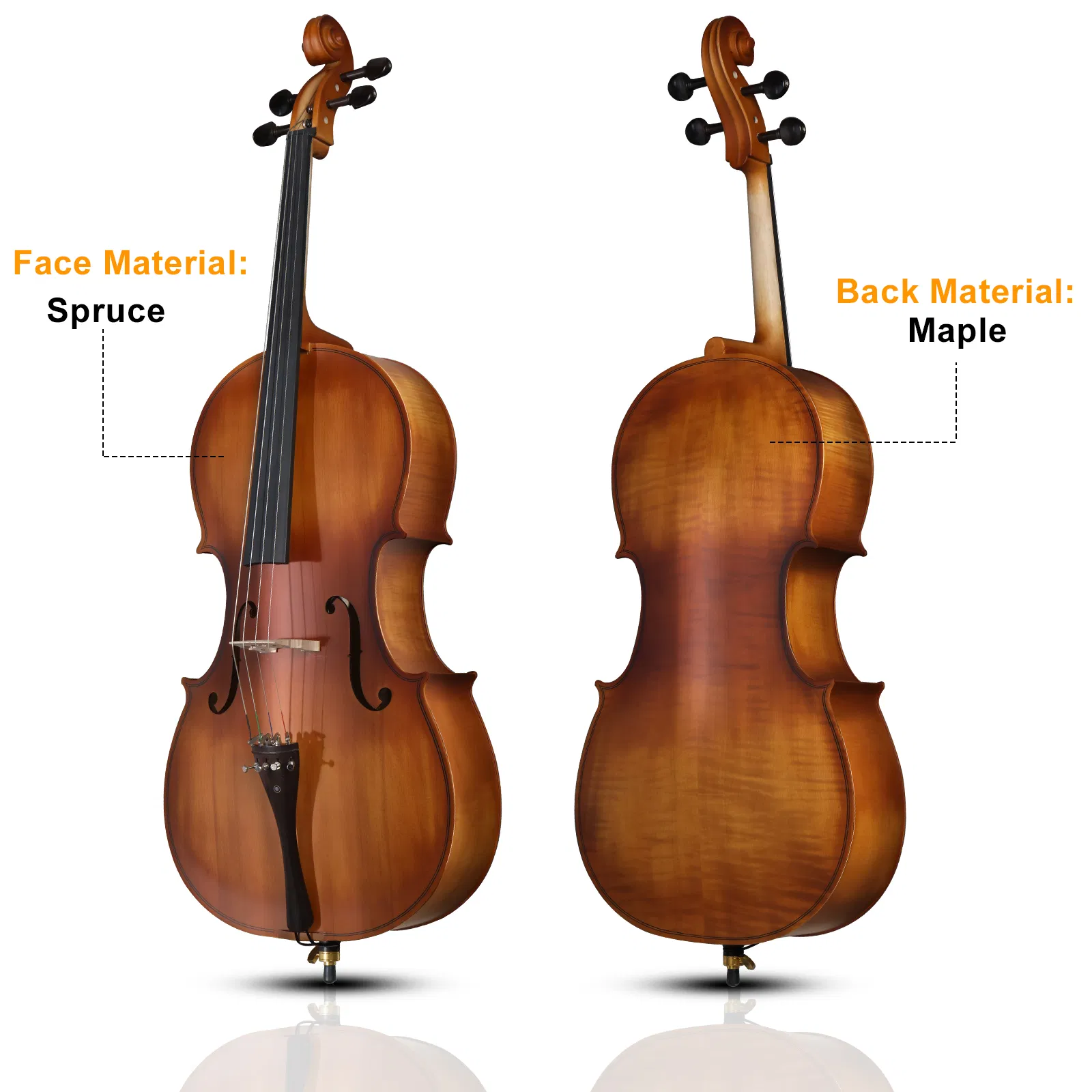 Full Side 4/4 Matte Natural Color Spruce Panel Cello with Bag Bow Rosin Bridge Strings photo 7