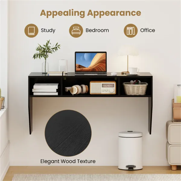 Black Wall-Mounted Floating Computer Desk with 3-Cube Storage, Sturdy Wooden Workstation for Home Office photo 6