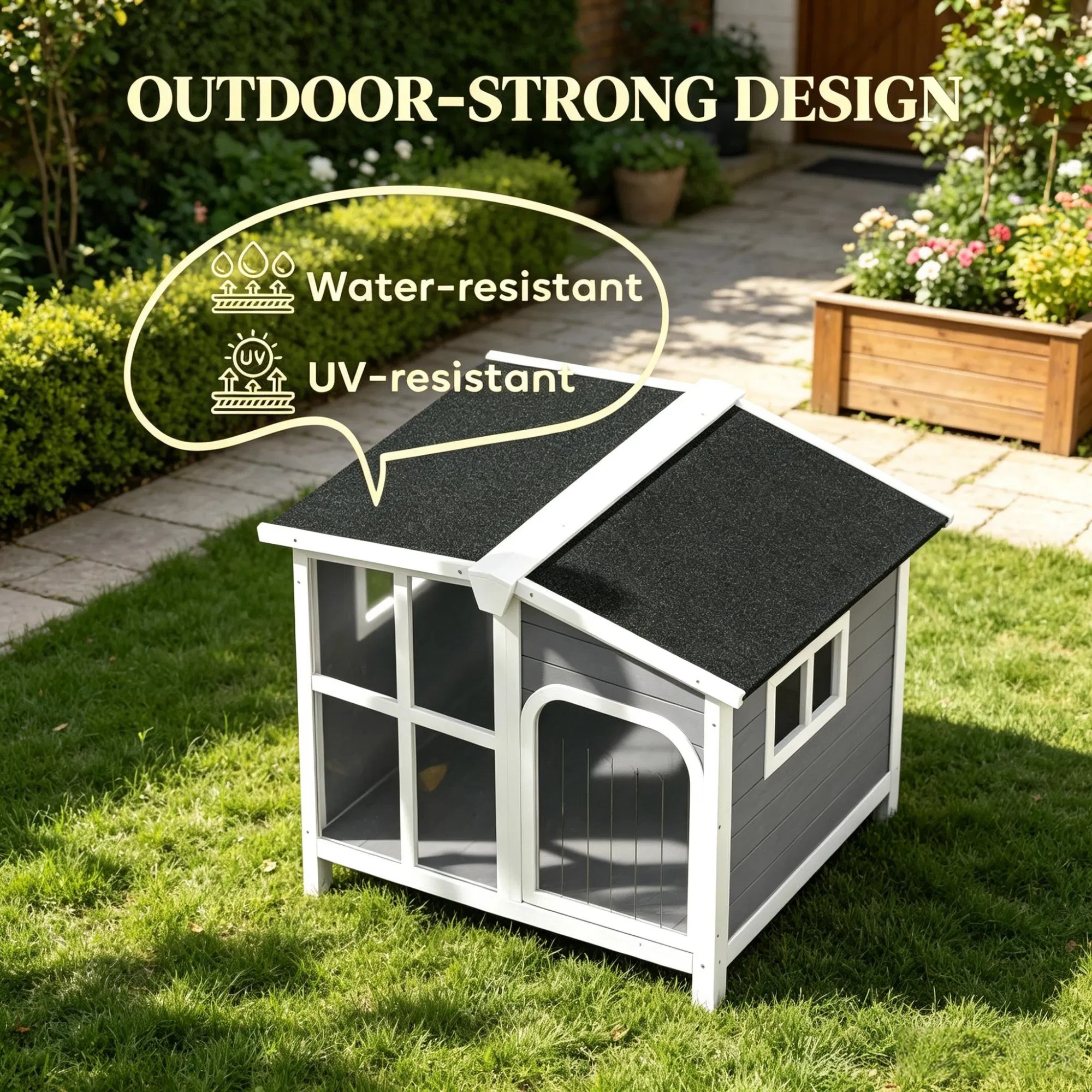 Large Dog House Cabin-Style Wooden Pet Shelter with Openable Roof And Giant Window Gray photo 7
