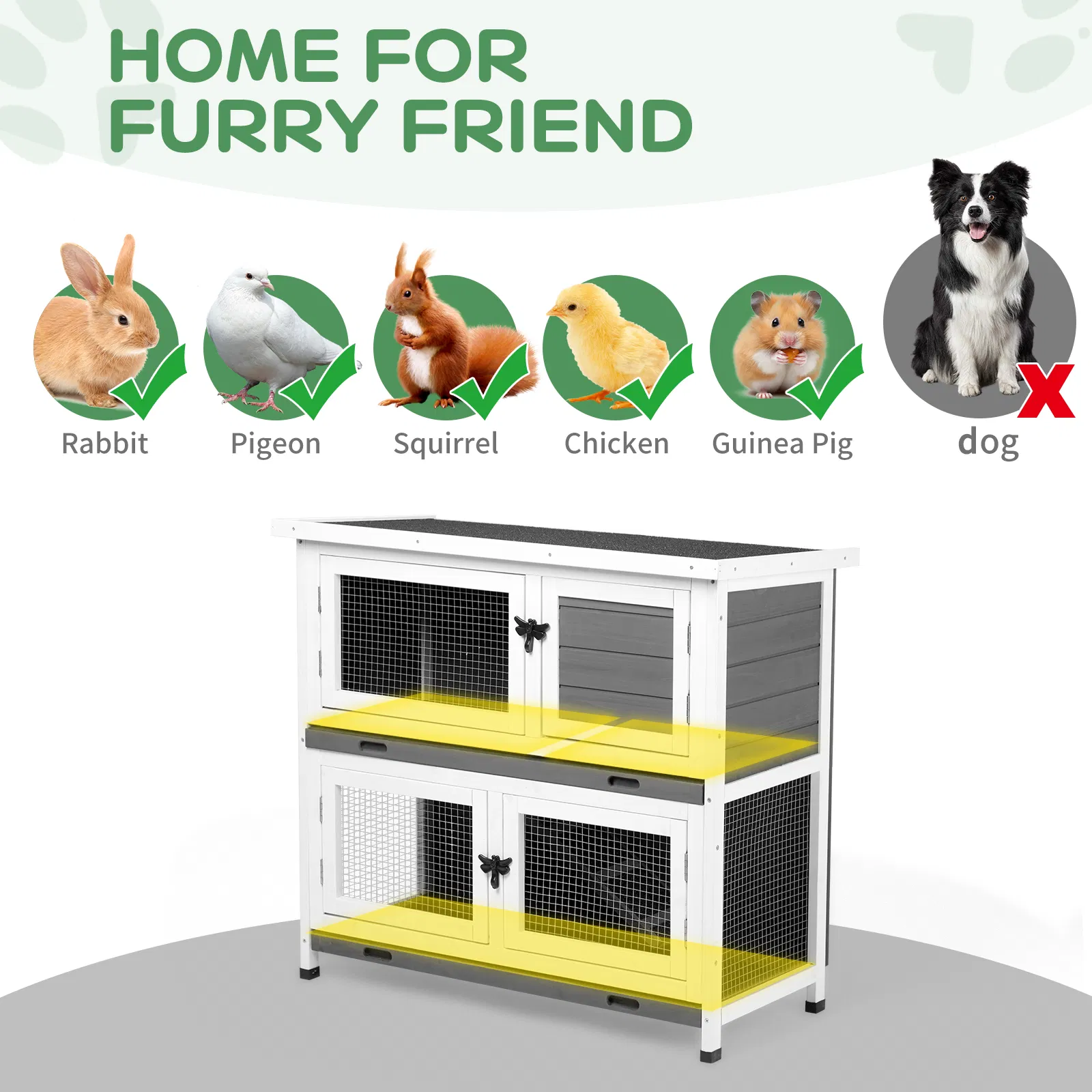 2 Story Solid Wood Rabbit Hutch Bunny Cage with 2 Large Main Rooms, Indoor Outdoor Rabbit House Guinea Pig Cage Pet House for Small Animals with 2 Removable Trays, Grey photo 2