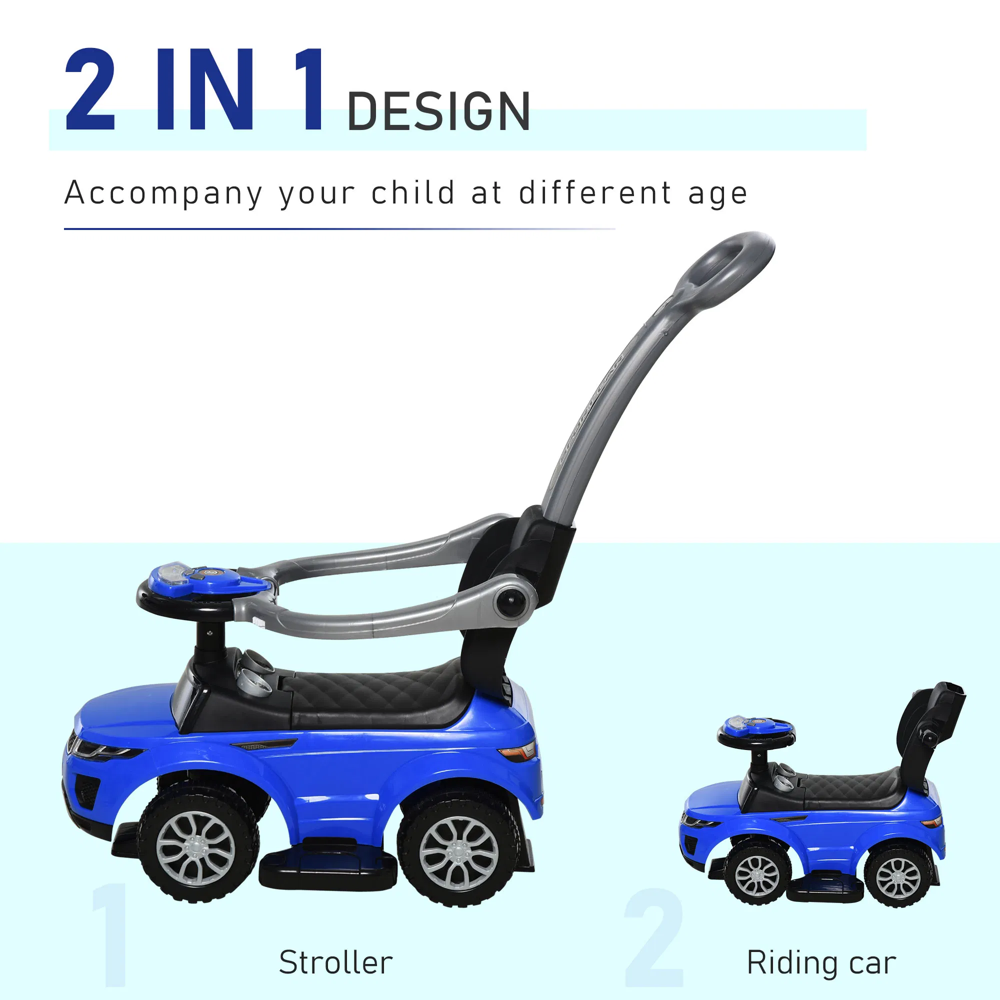 2 In 1 Kid Ride on Push Car Stroller Sliding Ride on Car with Horn Music Light Function Secure Bar Ride on Toy for Boy Girl Toddlers 1-3 Years Old Blue photo 5