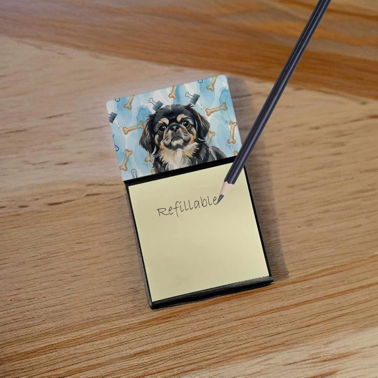 Black and Tan Pekingese Coworker Watercolor Sticky Note Holder Refillable Dispenser Desk Accessory 3x3 Pad Gift photo 2