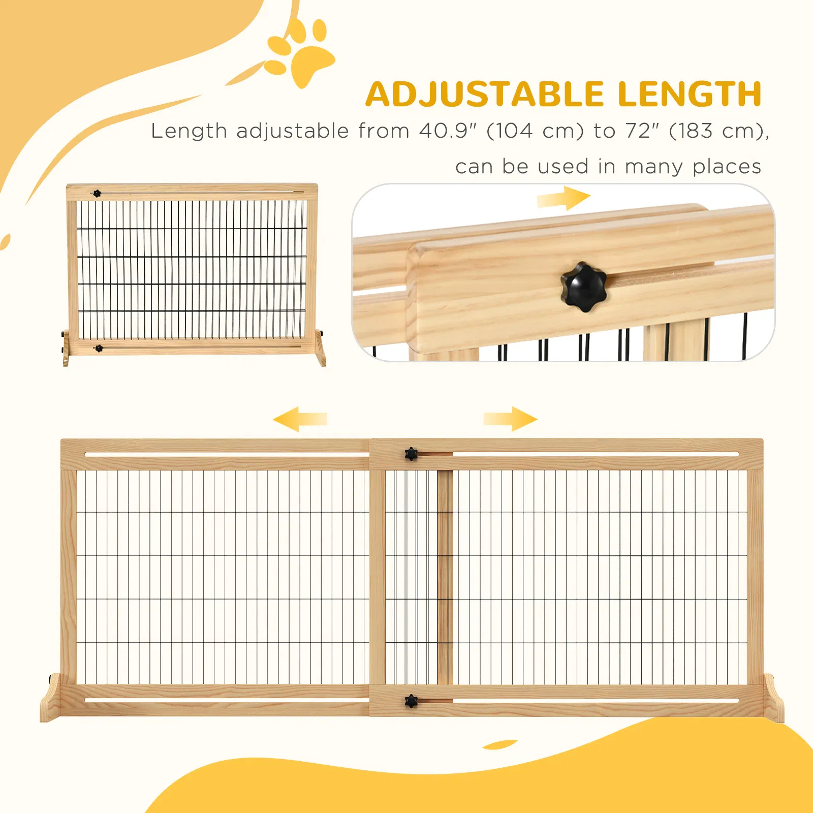 41"-72" Wooden Freestanding Pet Gate with Support Feet, for Small Medium Dogs, Natural photo 2