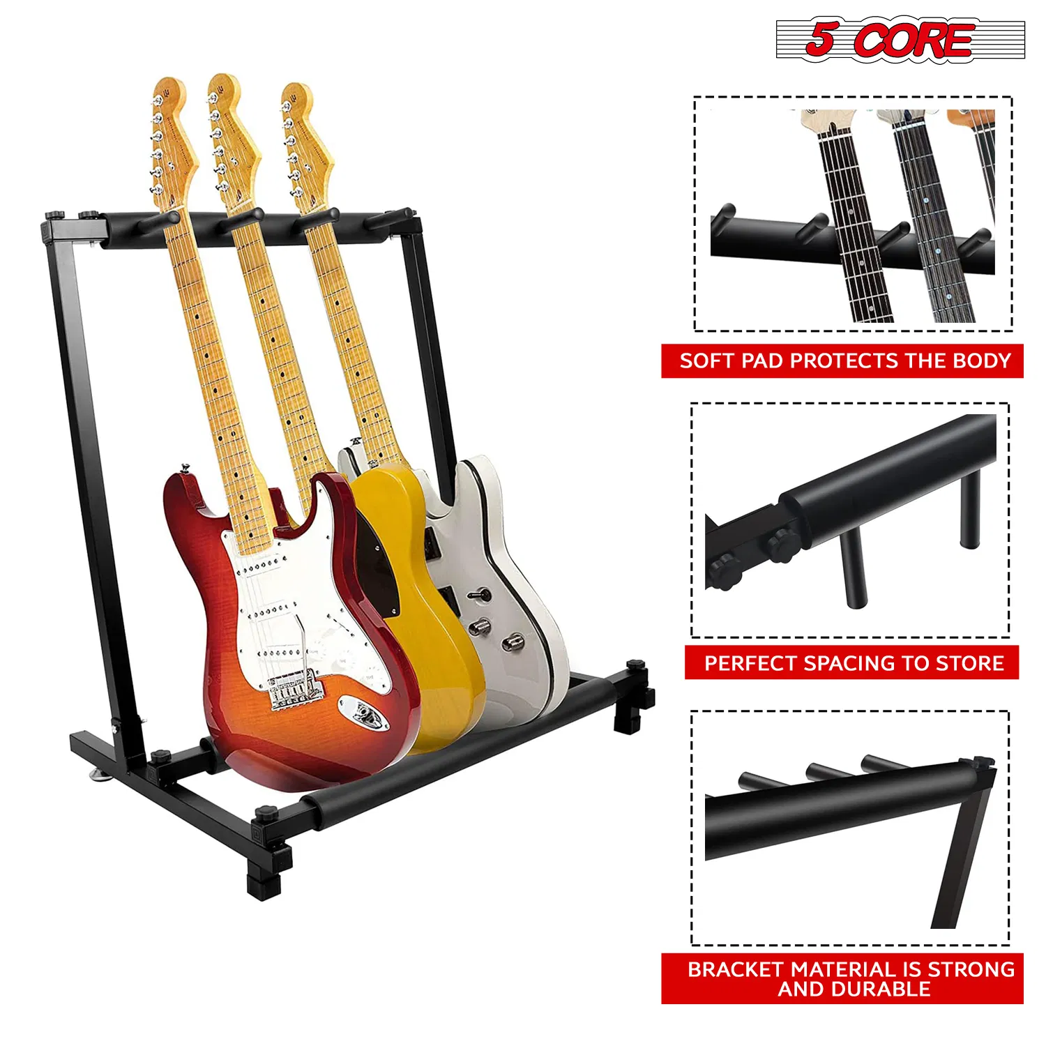 5 Core Guitar Rack 3 Slot Multi Guitar Stand Triple Display Floor Stand Safe Storage Foldable Portable for Electric Acoustic Flying V Guitars photo 7