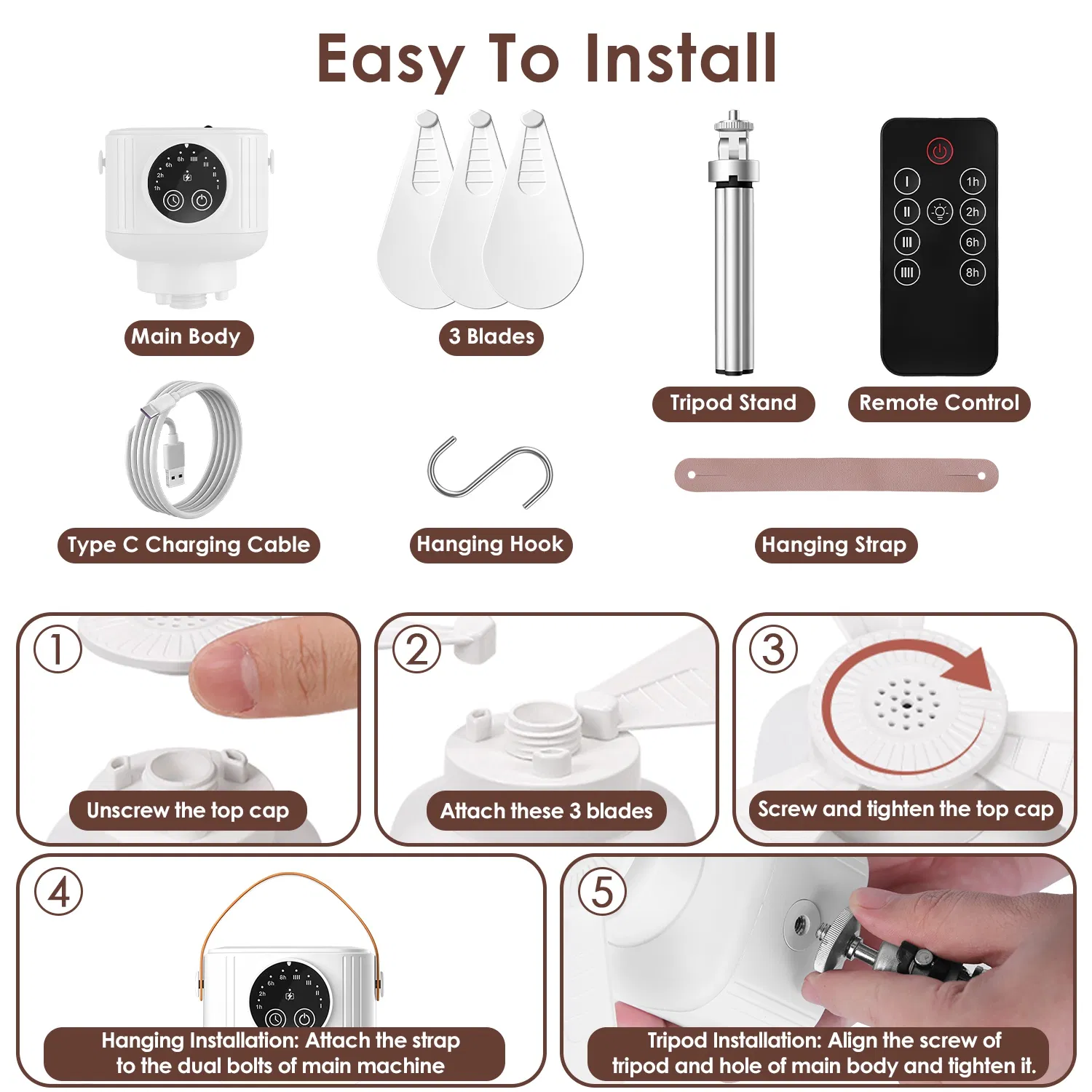2 in 1 Rechargeable Camping Fan with Built-In LED Lantern Remote Control, 4 Wind Speeds 3 Light Brightness 1/2/6/8H Timer 7200mAh Battery Tripod Stand Hanging Hook Detachable Blades photo 8