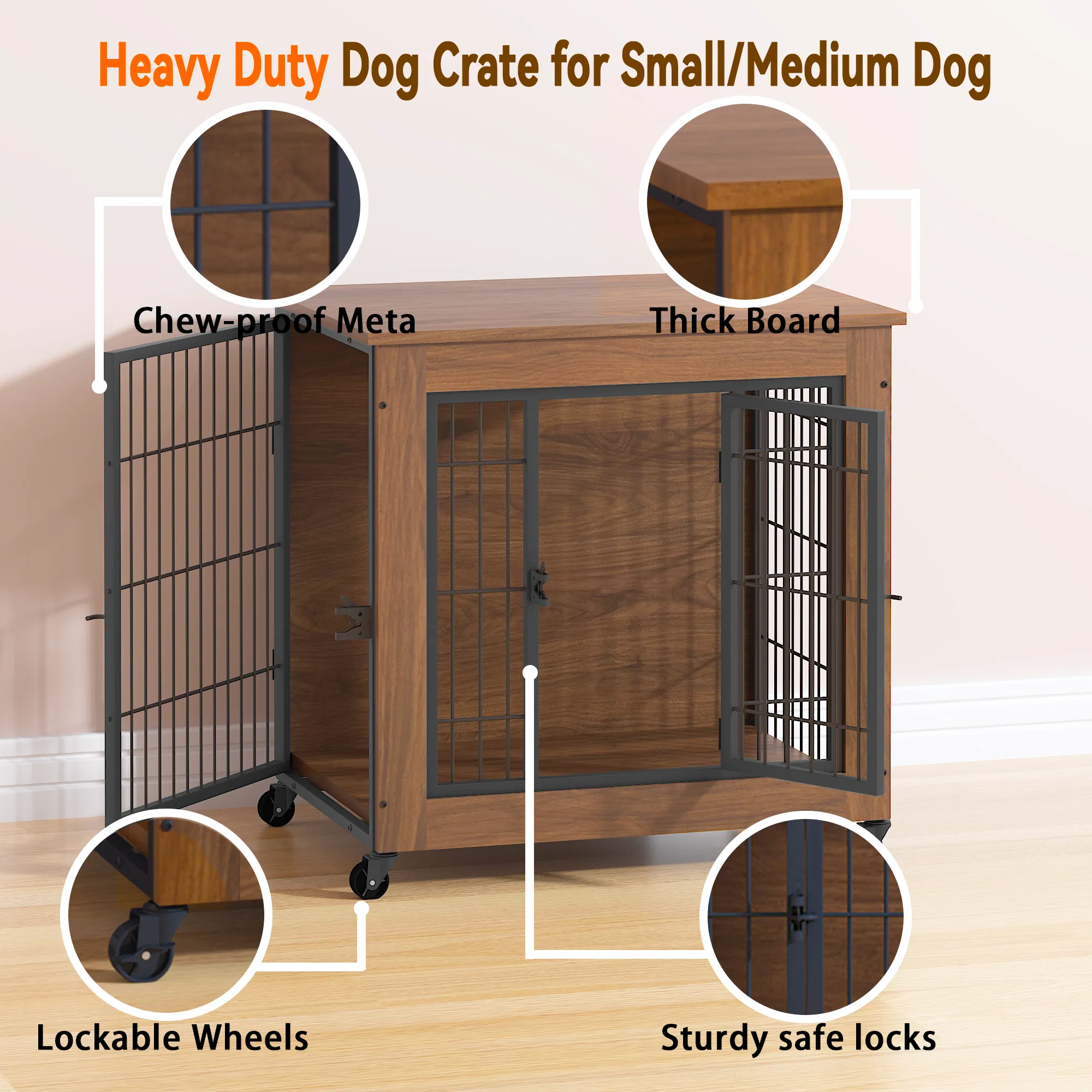 27.2" Dog Crate Furniture with Wheels for Small Dogs, Heavy Duty Dog Kennel Indoor with 2 Doors, Wooden Pet Cage End Table, Double-Doors Sturdy Metal Dog Cage for Anxiety Dog photo 7