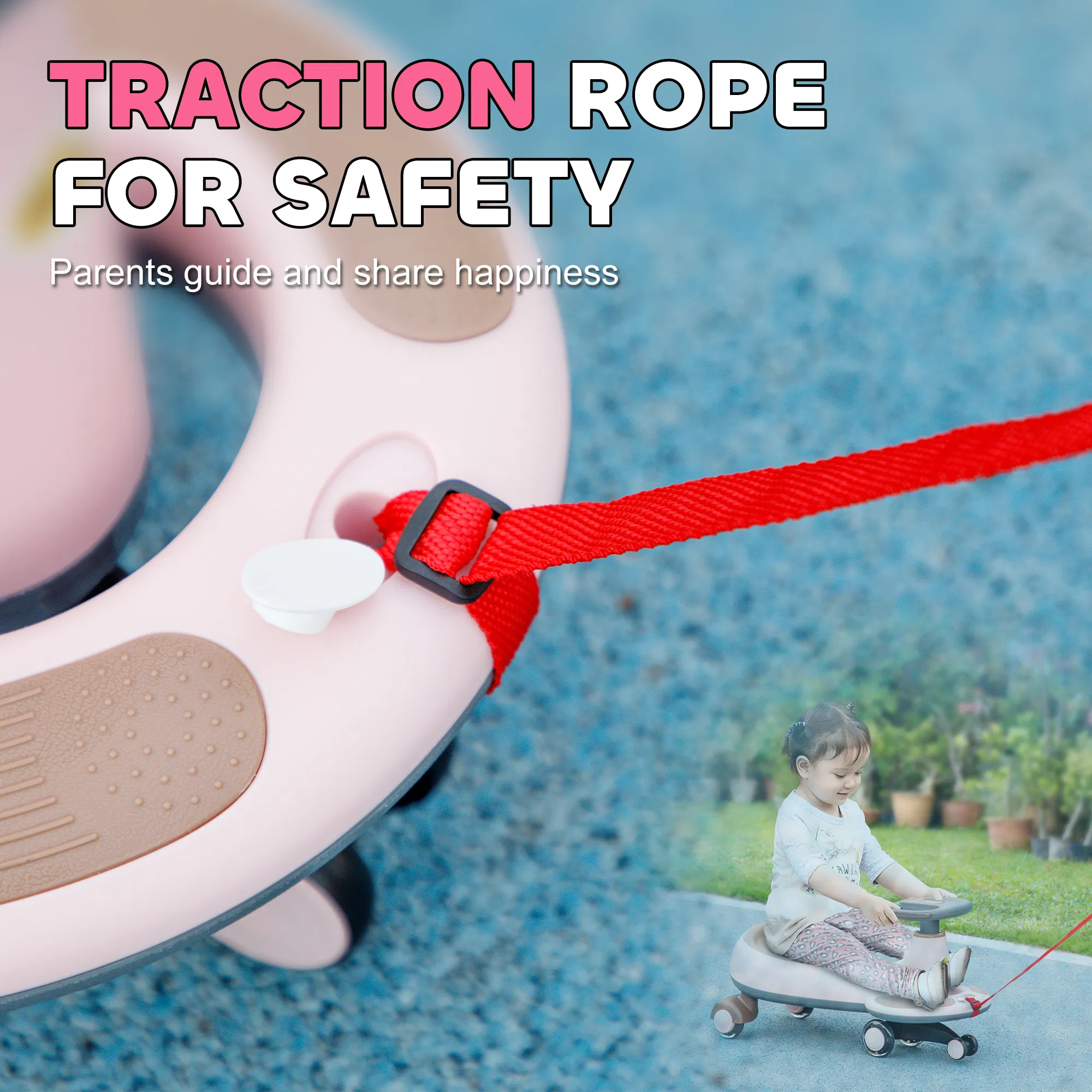 Kids Wiggle Car w/ Parent Traction Rope, Music, Light, Pink photo 3