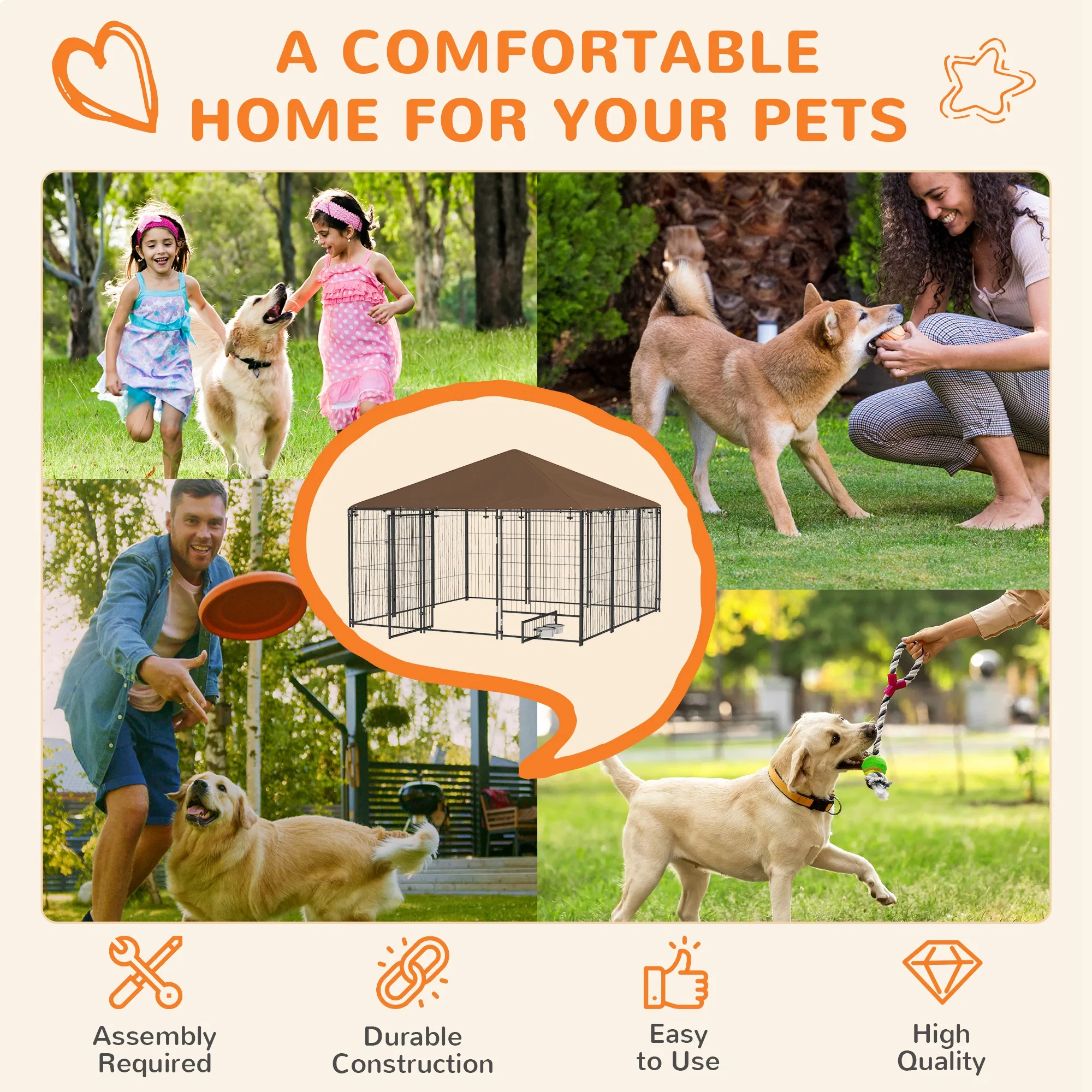 6.9' x 6.9' x 5' Outdoor Dog Kennel with Canopy, Rotating Bowls, Coffee photo 2