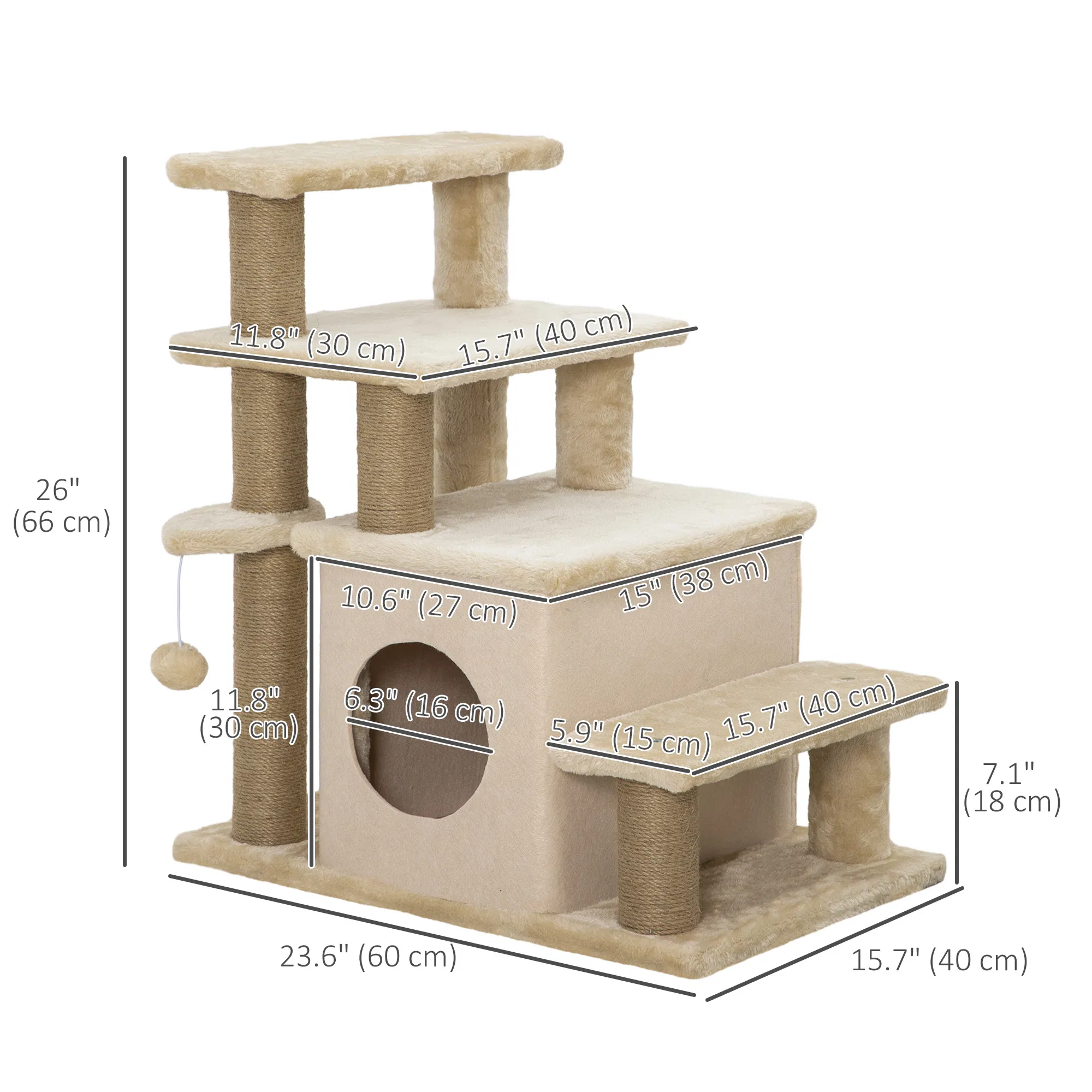 Cat Stairs Pet Steps for Couch Bed with Scratching Posts Condo Ball Toy, 23.6" x 15.7" x 26", Beige photo 3