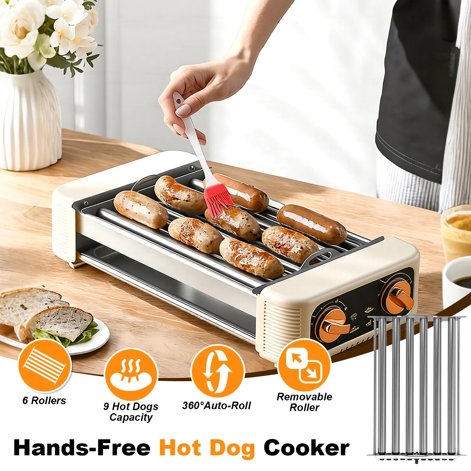 3 In 1 Electric Hot Dog Roller Machine with Grill & Griddle 6-Roller Hot Dog Cooker Smokeless Non-Stick Indoor Outdoor with 3 Temp Levels for BBQ Sausages Skewers Burgers Vegetables photo 8