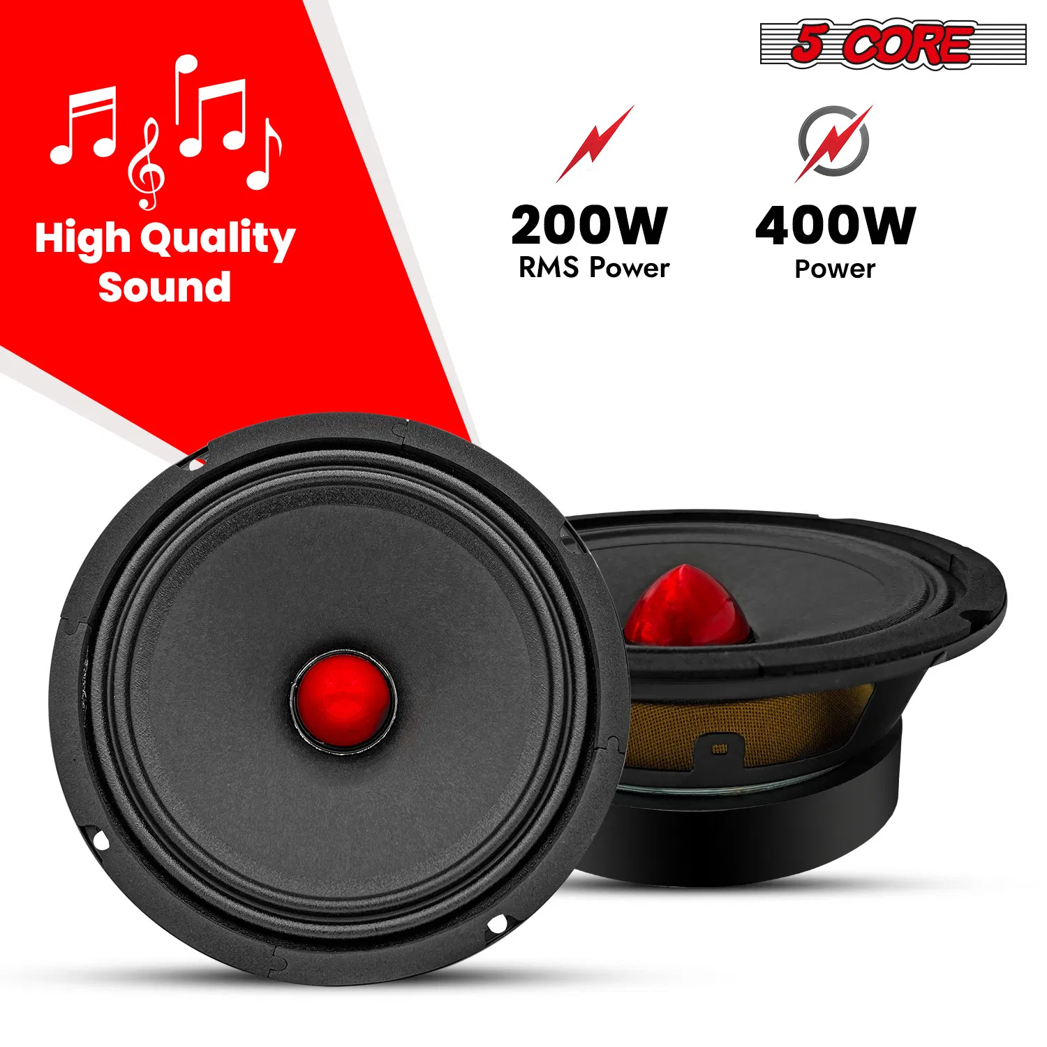 5Core 6.5 Inch 2Pcs Midrange Door Speaker 360W Subwoofer w Aluminum Bullet 4Ω/8Ω Sub Woofer photo 3