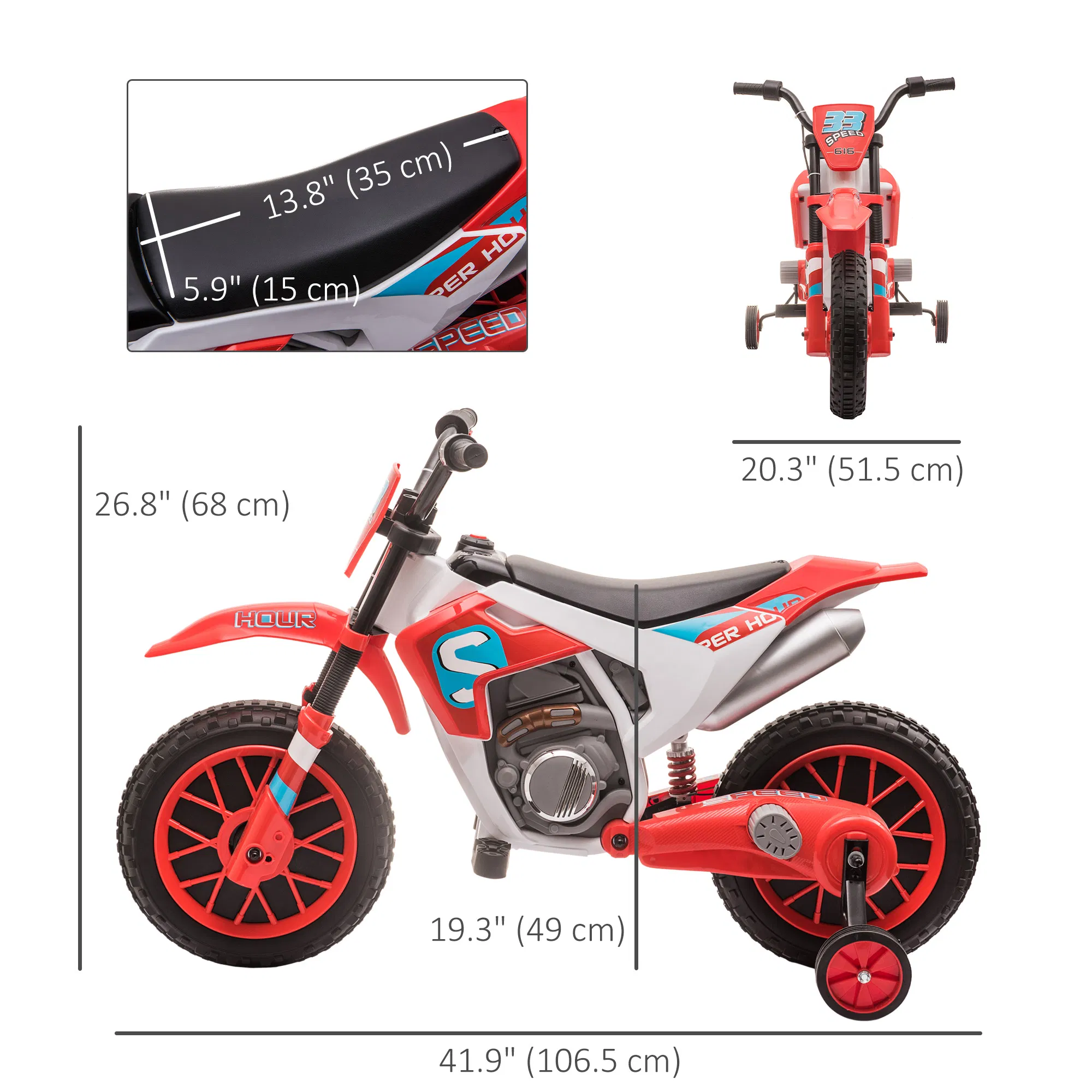 Kids Dirt Bike Battery-Powered Ride-On Electric Motorcycle with Charging 12V Battery, Training Wheels Red photo 3