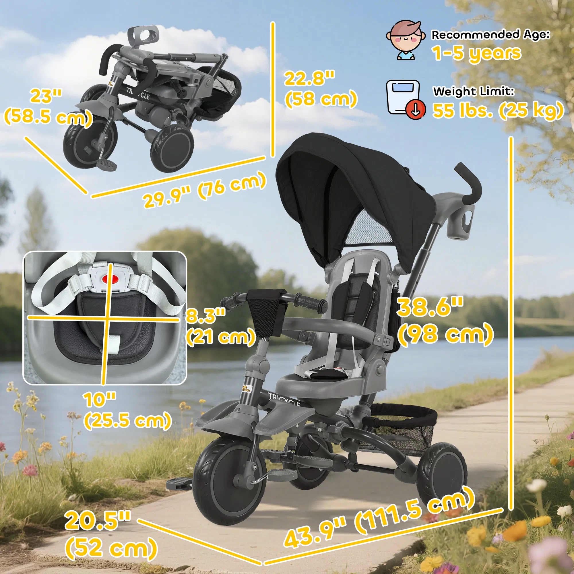 6 in 1 Toddler Tricycle for 1-5 Years Old with Push Handle, Removable Canopy, Rotatable Seat, Black photo 3