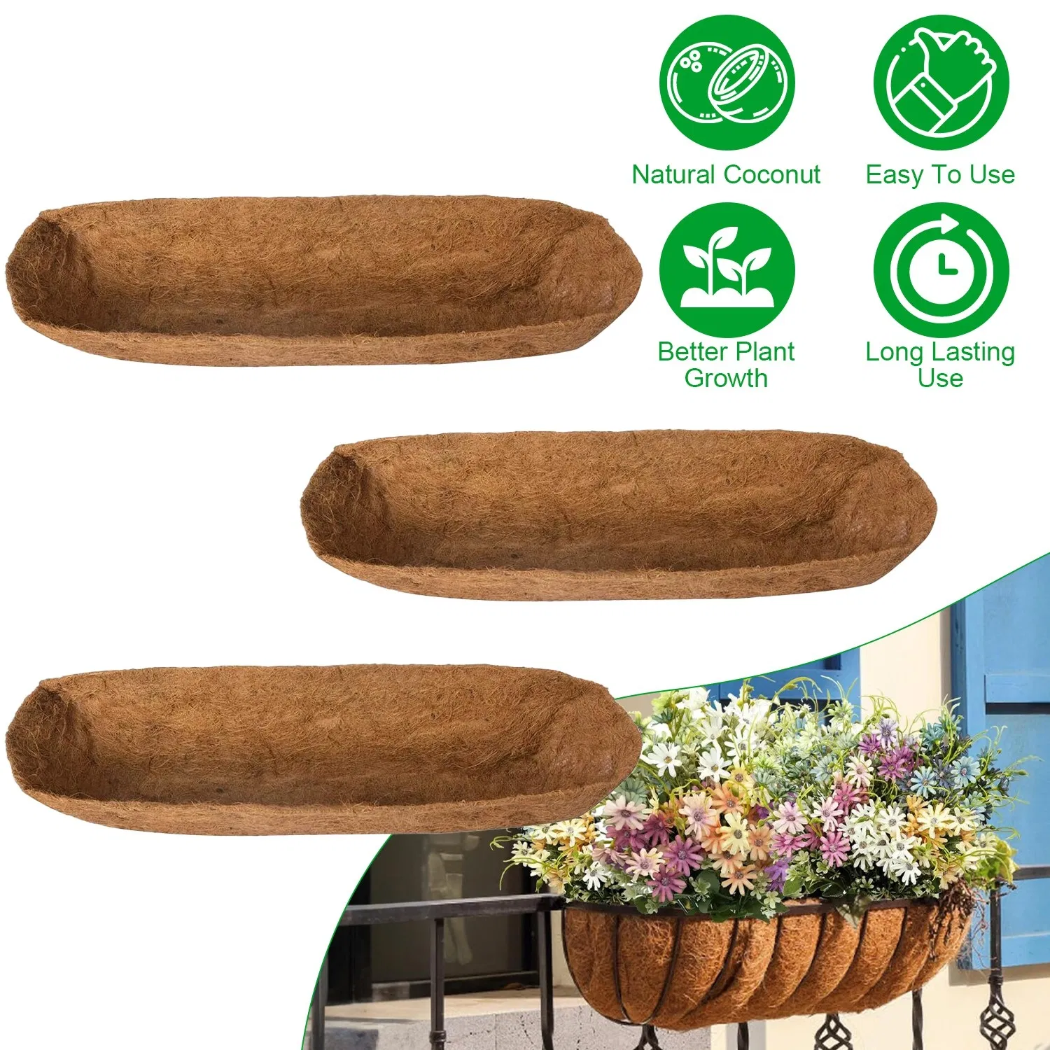 Coconut Fiber Window Box Liners, 24/30/36 Inch Trough Coco Liners for Wire Window Baskets, Woven Coir Planter Add for Balcony, Garden, Indoor & Outdoor Planting photo 1