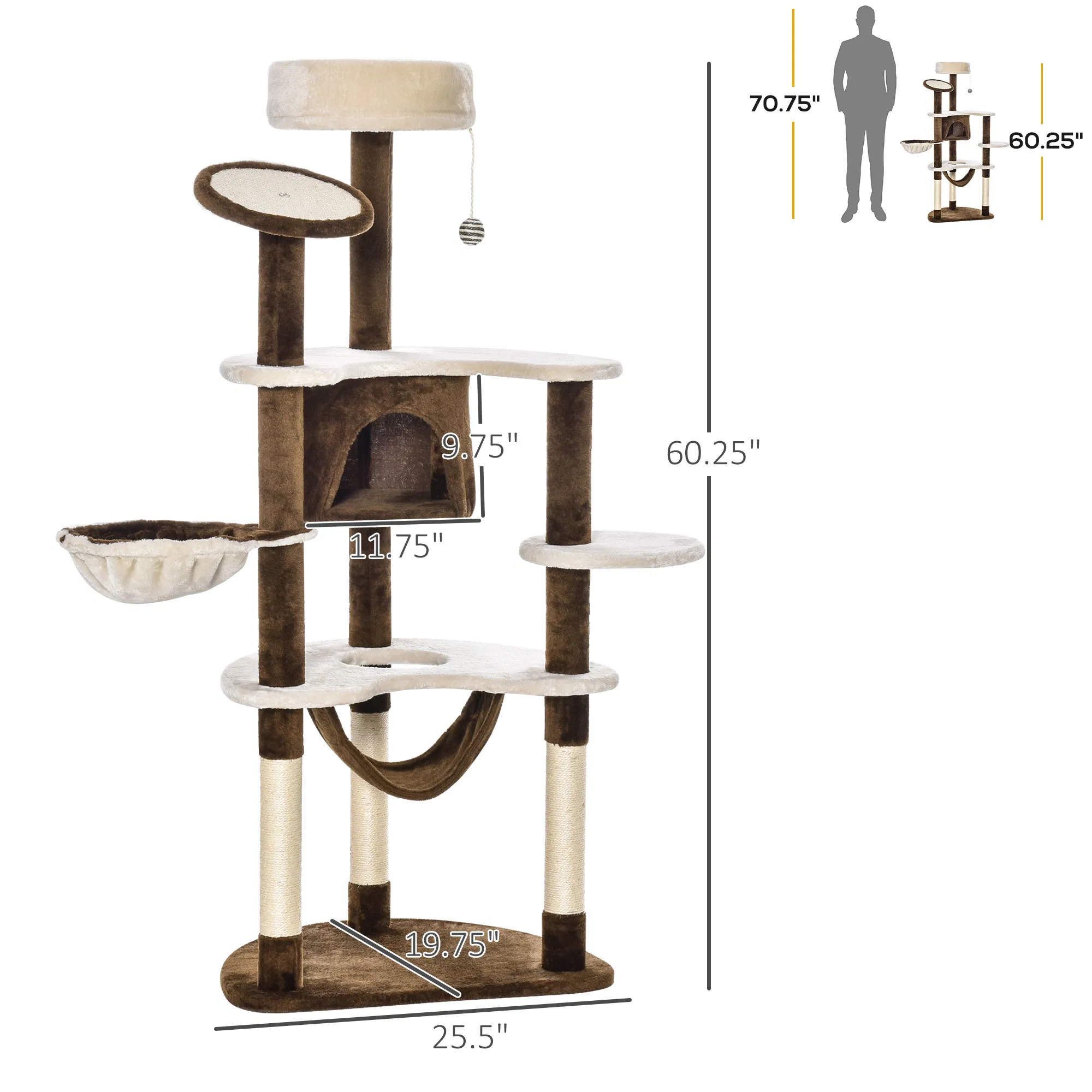 60" Cat Scratching Tree, Cat Bed Condo Post House Pet Furniture Toys-Brown & Beige photo 4