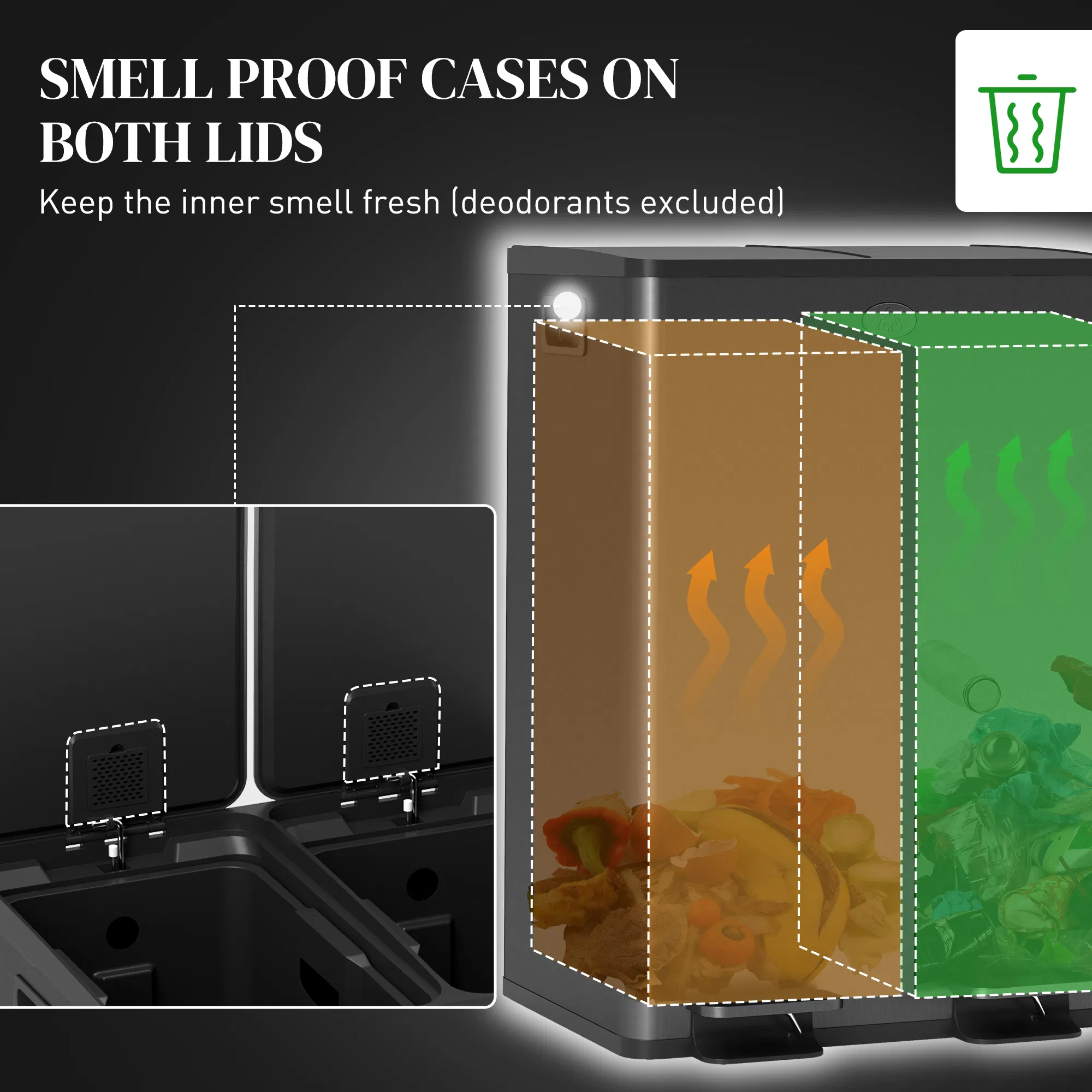 Dual Garbage Bin, Soft-Close Trash Can with Foot Pedal, 2 x 28 Liter Garbage Can with Removable Inner Buckets, Black photo 6