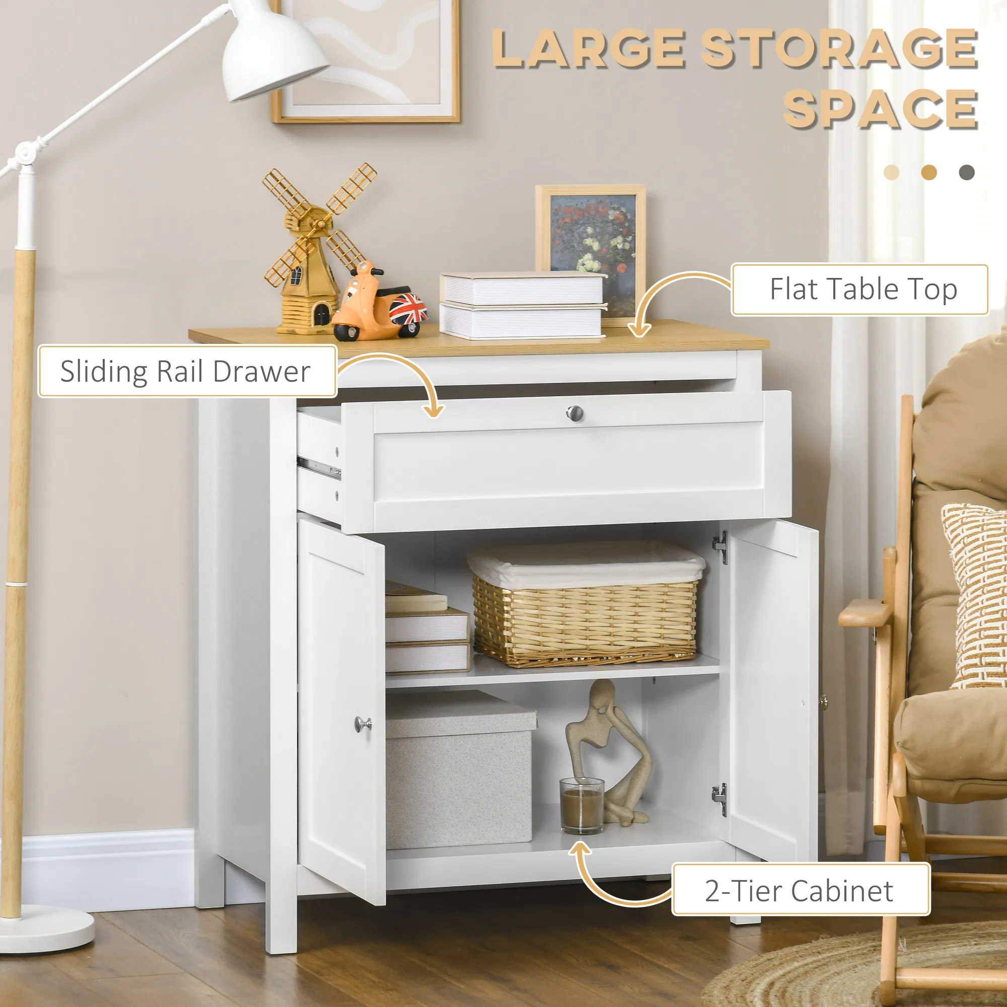 Sideboard Cabinet, Buffet Table with Drawer, Double Door Cupboard and Adjustable Shelf for Living Room, Entryway, White photo 4