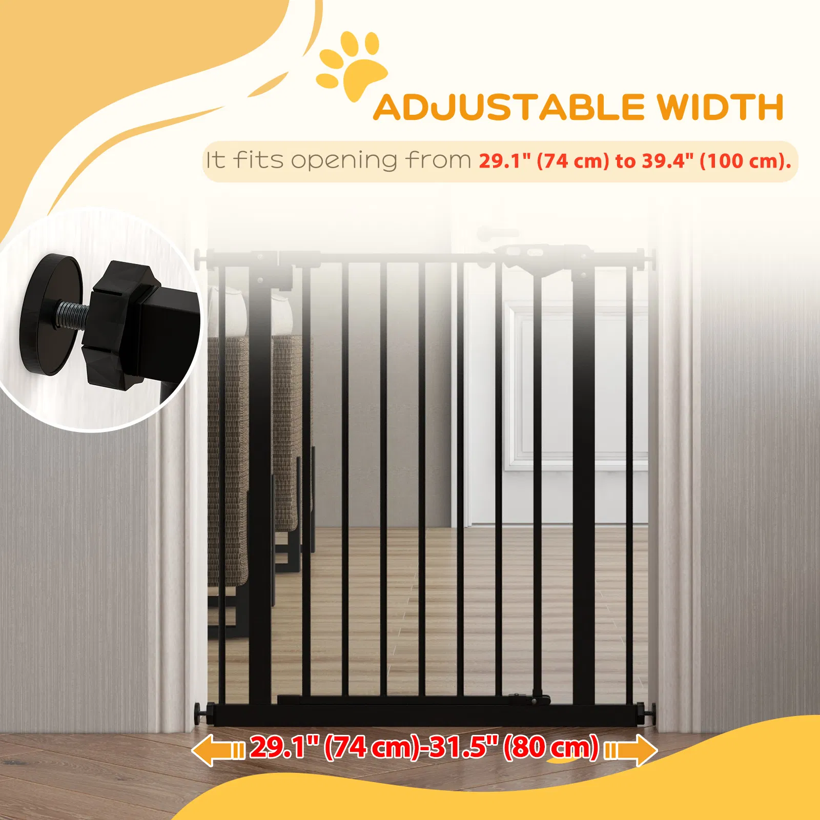 30 Inch Tall Pet Gate with Door Dog Gate and Barrier Indoor for Stairs, Pressure-Mounted Safety Gate, Black photo 2