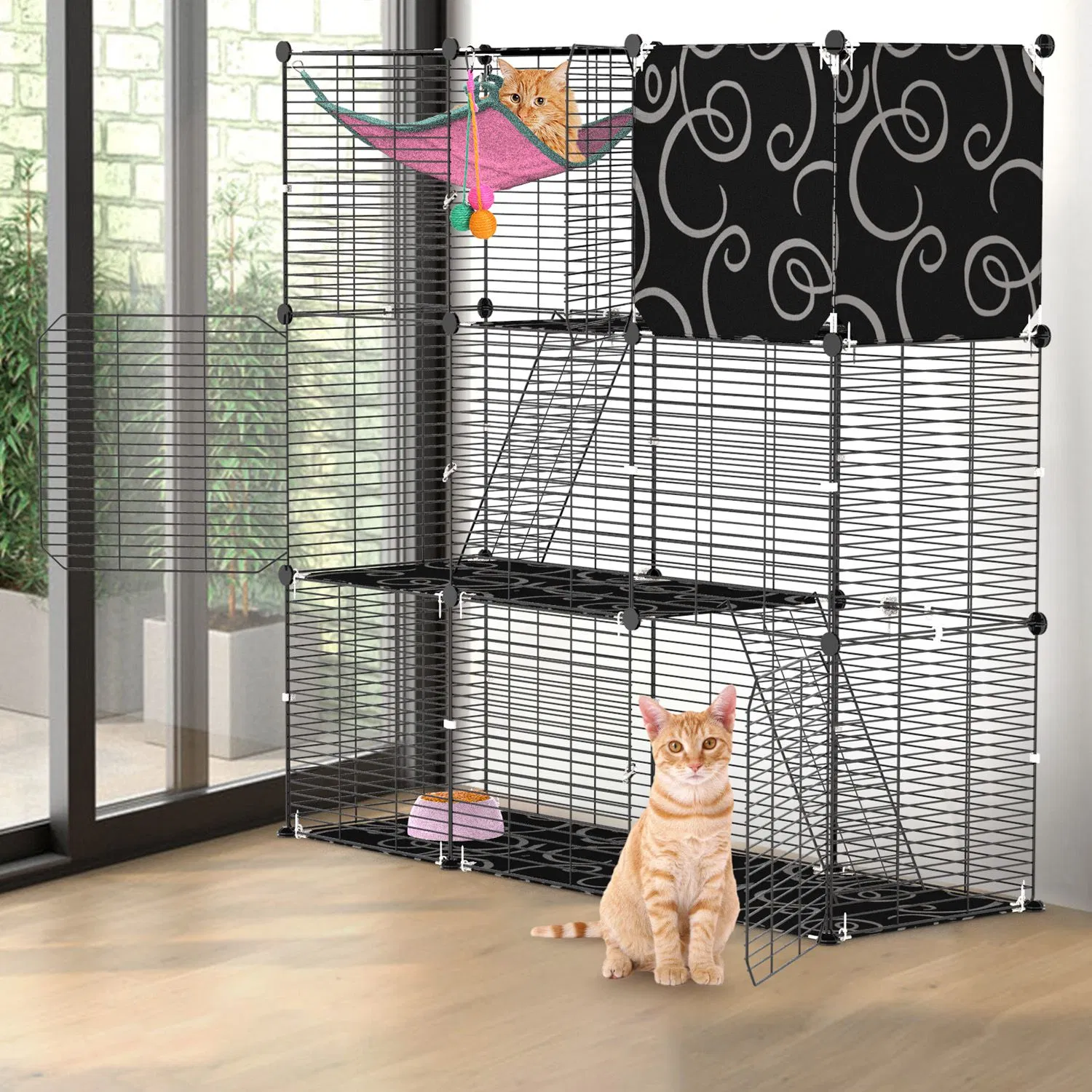 3-Level Metal Cat Cage Enclosure, Modular Pet Habitat with 3 Doors, 2 Ladders, Plush Hammock and Toy Ball for Small Indoor Animals photo 3
