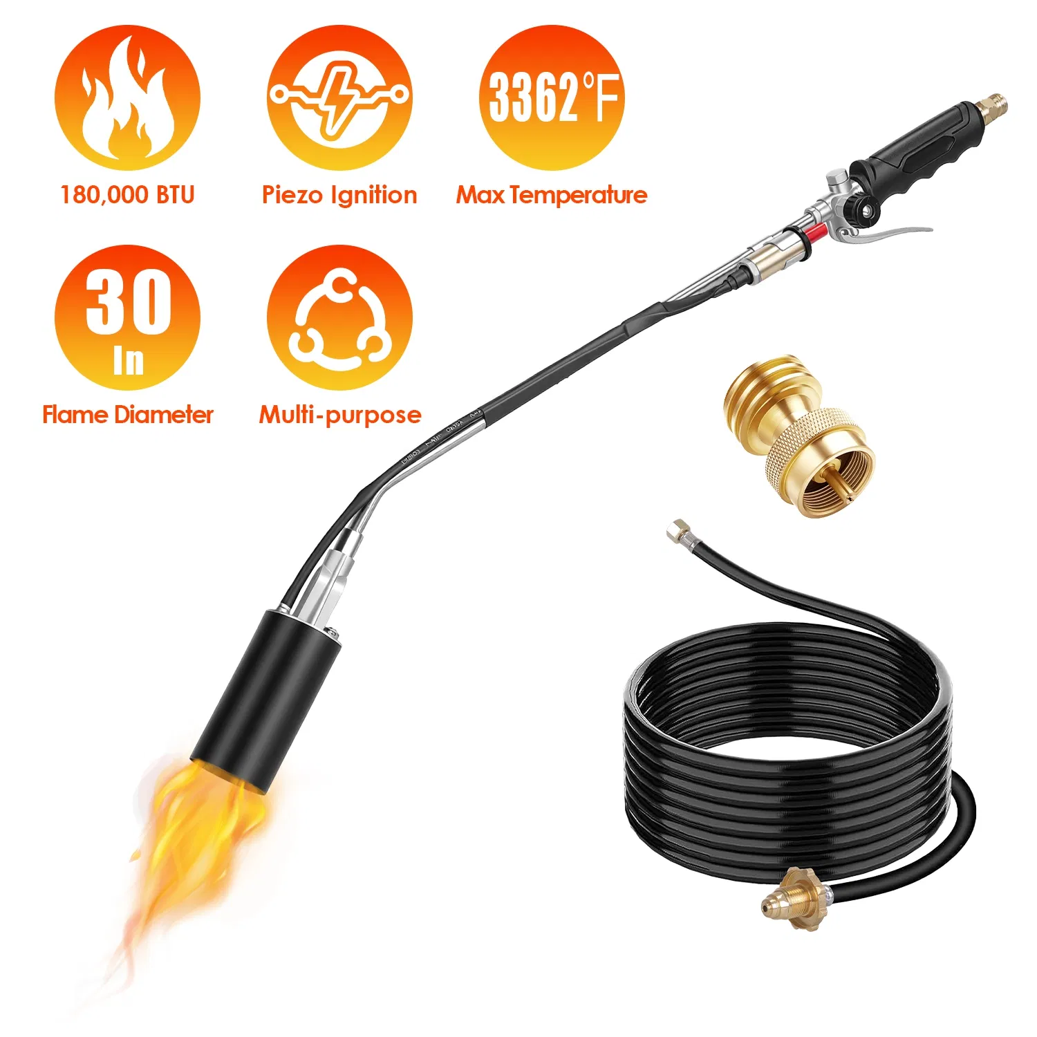 Heavy Duty Weed Torch with Piezo Ignition, 180,000 BTU Propane Torch Compatible with 1lb to 100lb Tanks & MAPP Fuel, 10FT Hose, for Weeding, Melting Ice, Starting Fires, Roofing photo 3