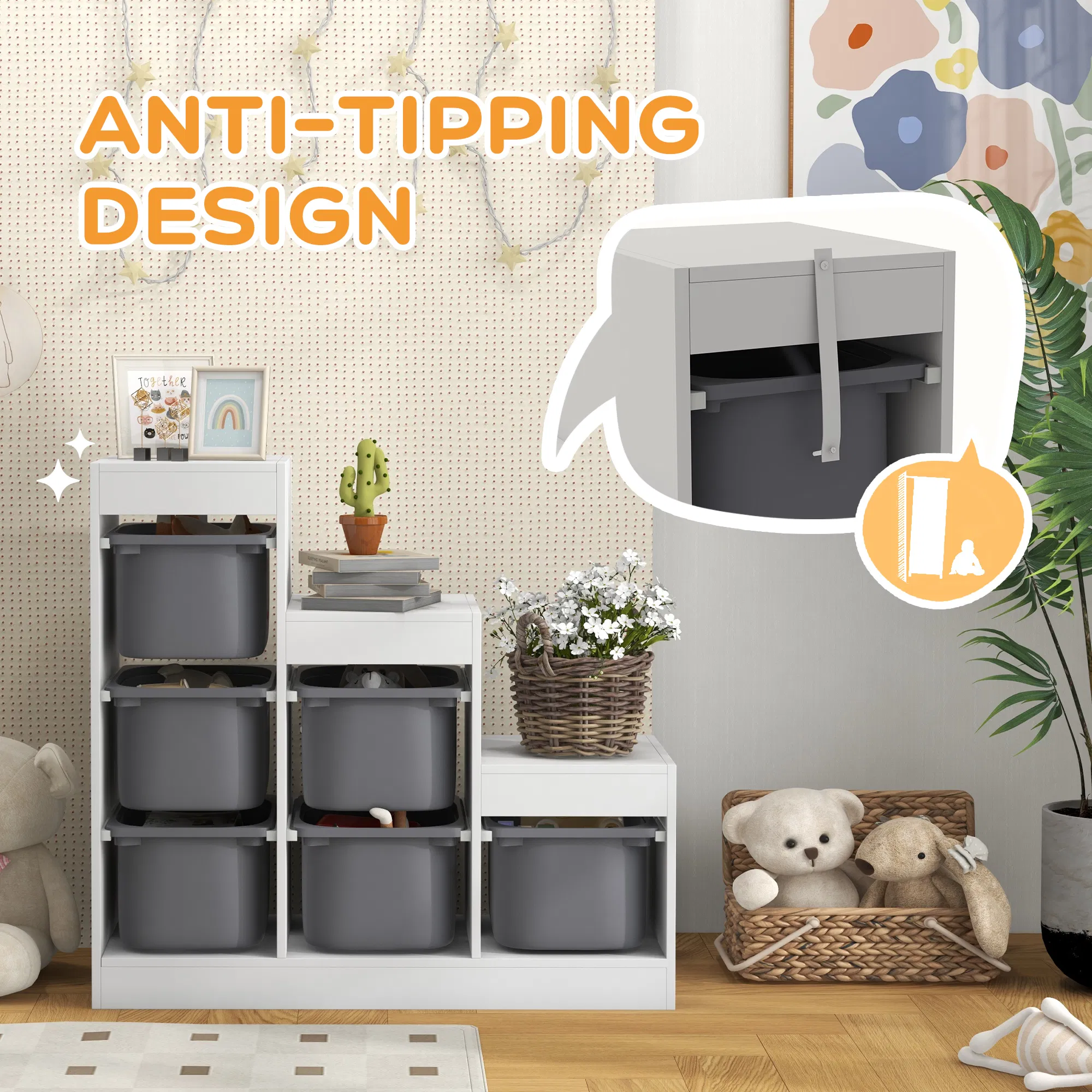 3 Layers Toy Storage Organizer Kids Bookshelf Children Toy Storage w/ 6 Plastic Bins, White photo 4