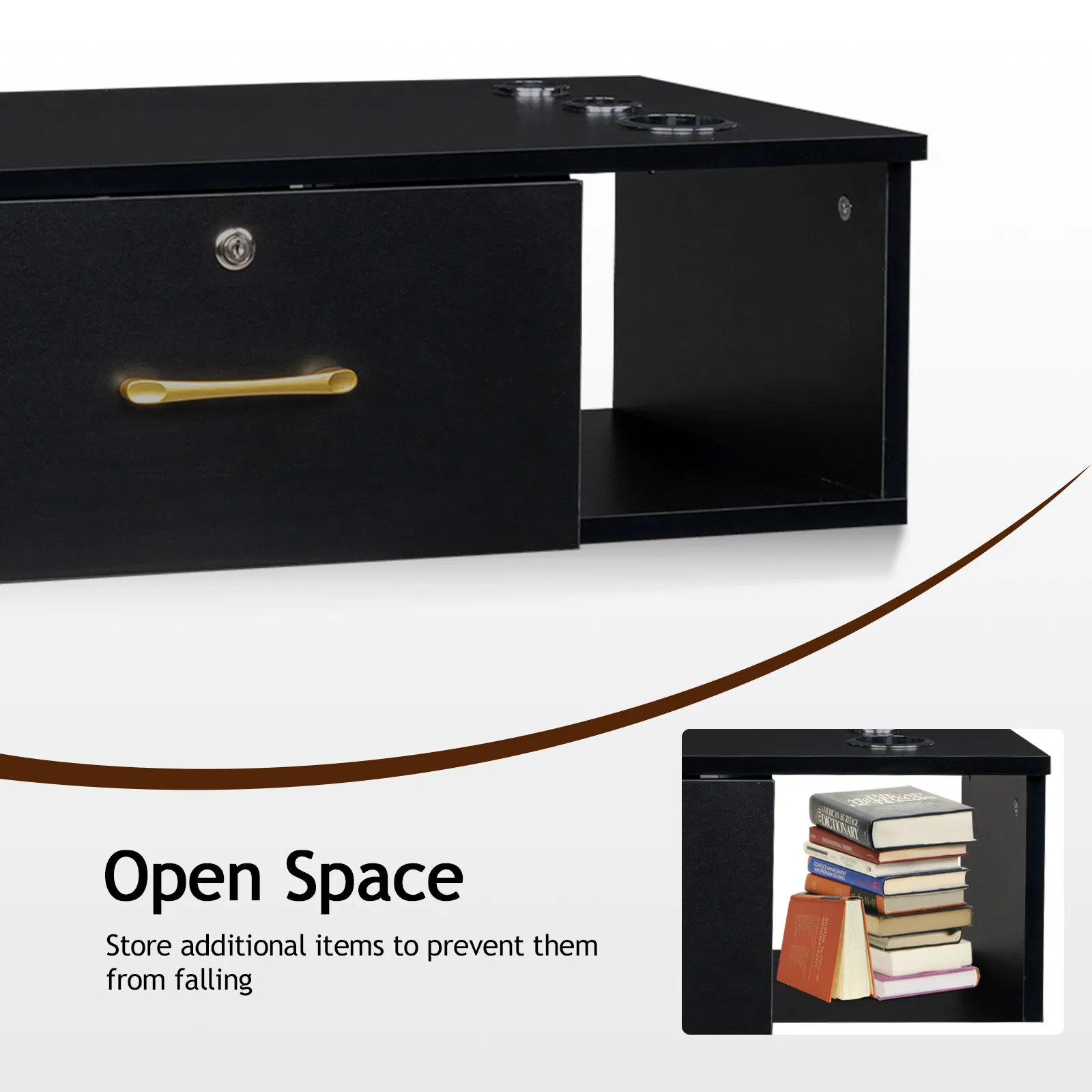 15cm E0 particleboard with hemp surface, two draws and three holes with lock, salon cabinet, black photo 3