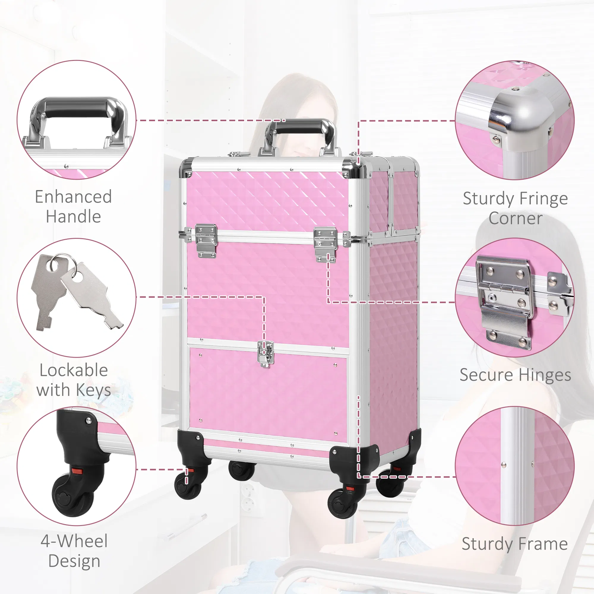 Makeup Train Case Portable Aluminum Rolling Cosmetic Organizer Trolley 4 Wheels Pink Salon Beauty Jewelry Storage photo 4