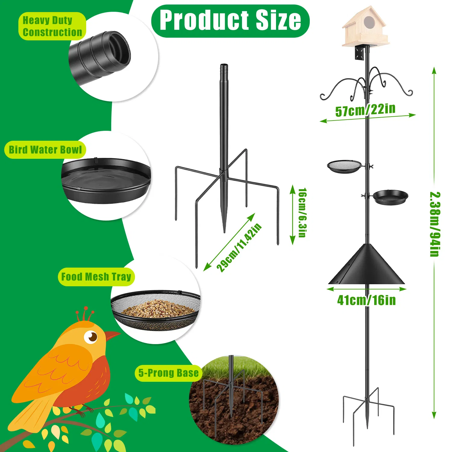 94Inch Squirrel Proof Bird Feeder Pole Heavy-Duty Bird House Pole Outdoor Bird Feeding Station with 5 Adjustable Heights 4 Shepherd Hooks Top & Side Mount Brackets 5-Pronged Base photo 2