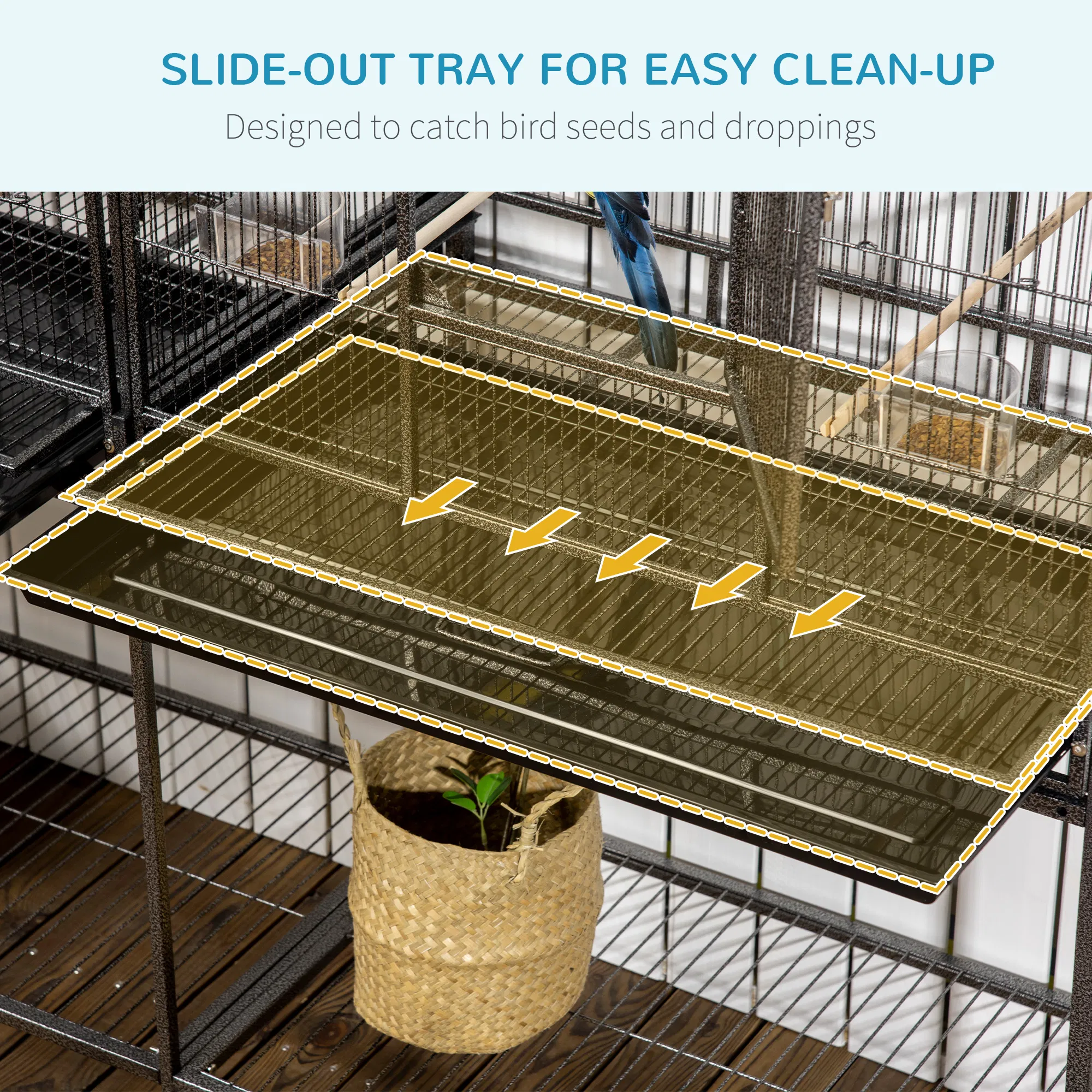 64" Extra Large Bird Cage, Rolling Metal Parrot Cage, Bird House with Detachable Rolling Stand, Storage Shelf, Wood Perch, Food Container, 62.8" x 18.9" x 64.2" photo 3