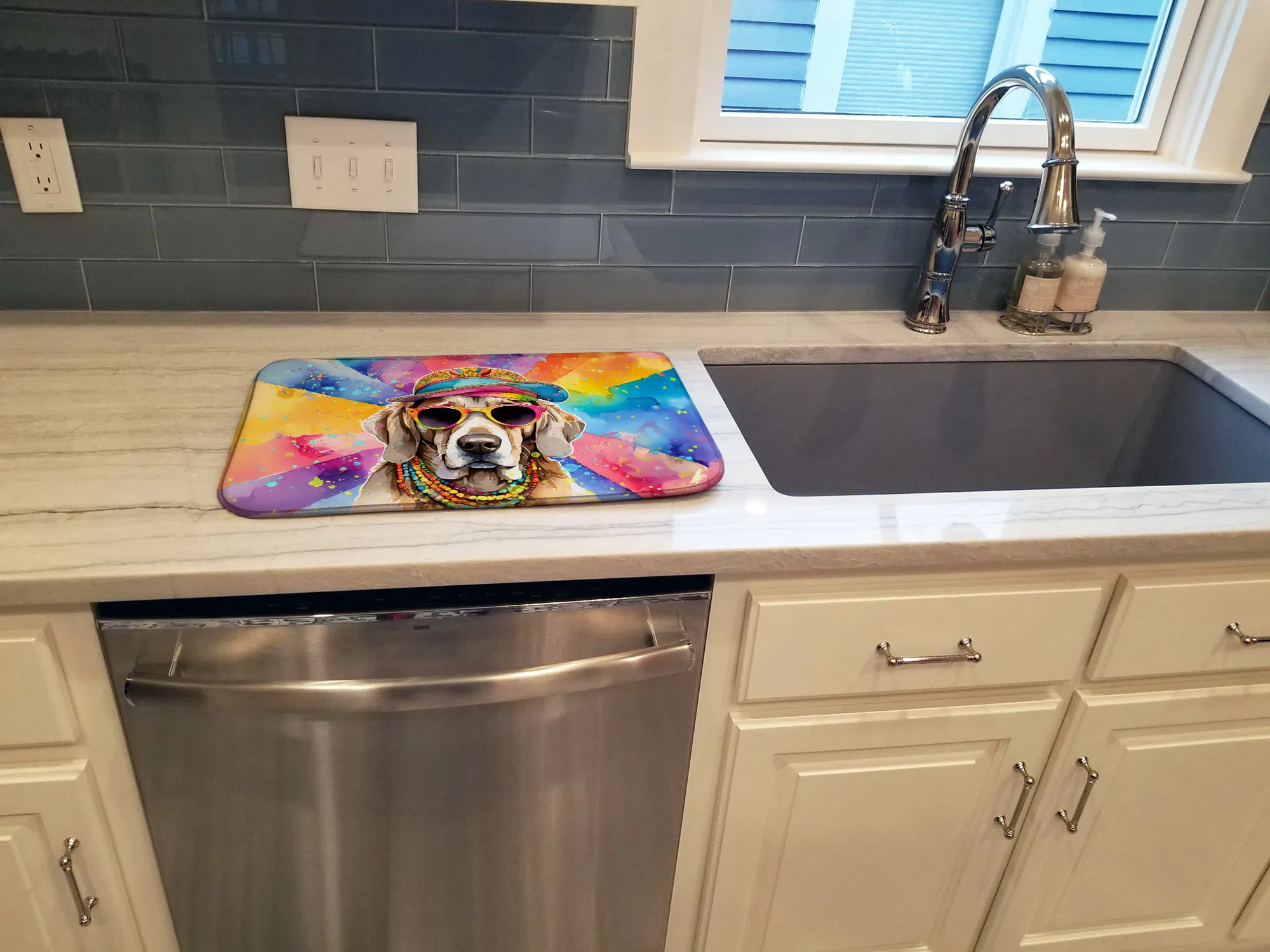 Weimaraner Hippie Dawg Dish Drying Mat Absorbent Dish Drying Mat Pad for Kitchen Counter Dish Drainer Mat for Countertop, 14 x 21", Multicolor photo 5