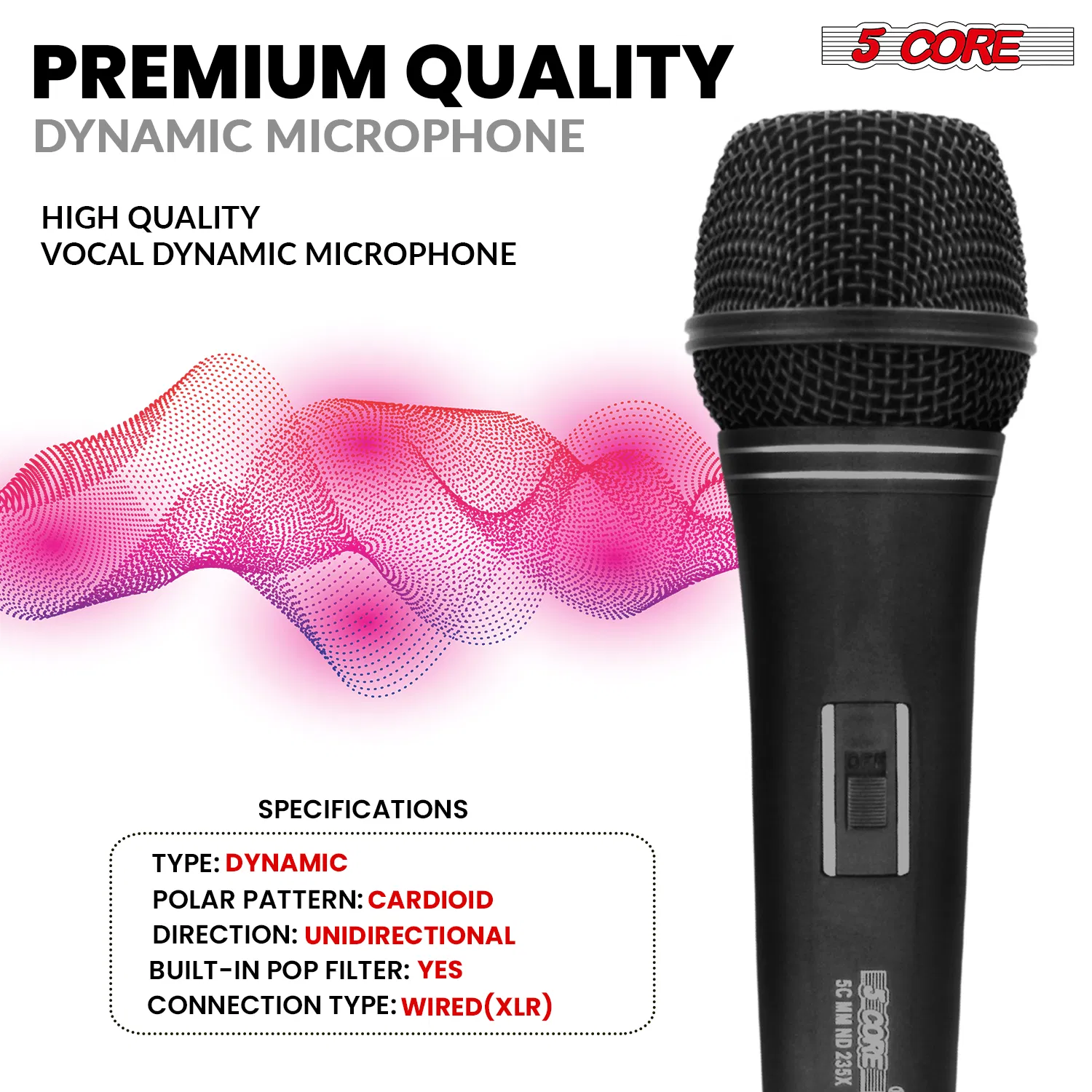 5 CORE Professional Dynamic Vocal Microphone Neodymium Cardioid Unidirectional Handheld Mic for Singing Karaoke Steel Mesh Grille Metal Body With ON Off Switch + 16ft Detachable Cable + Clip + Bag photo 7