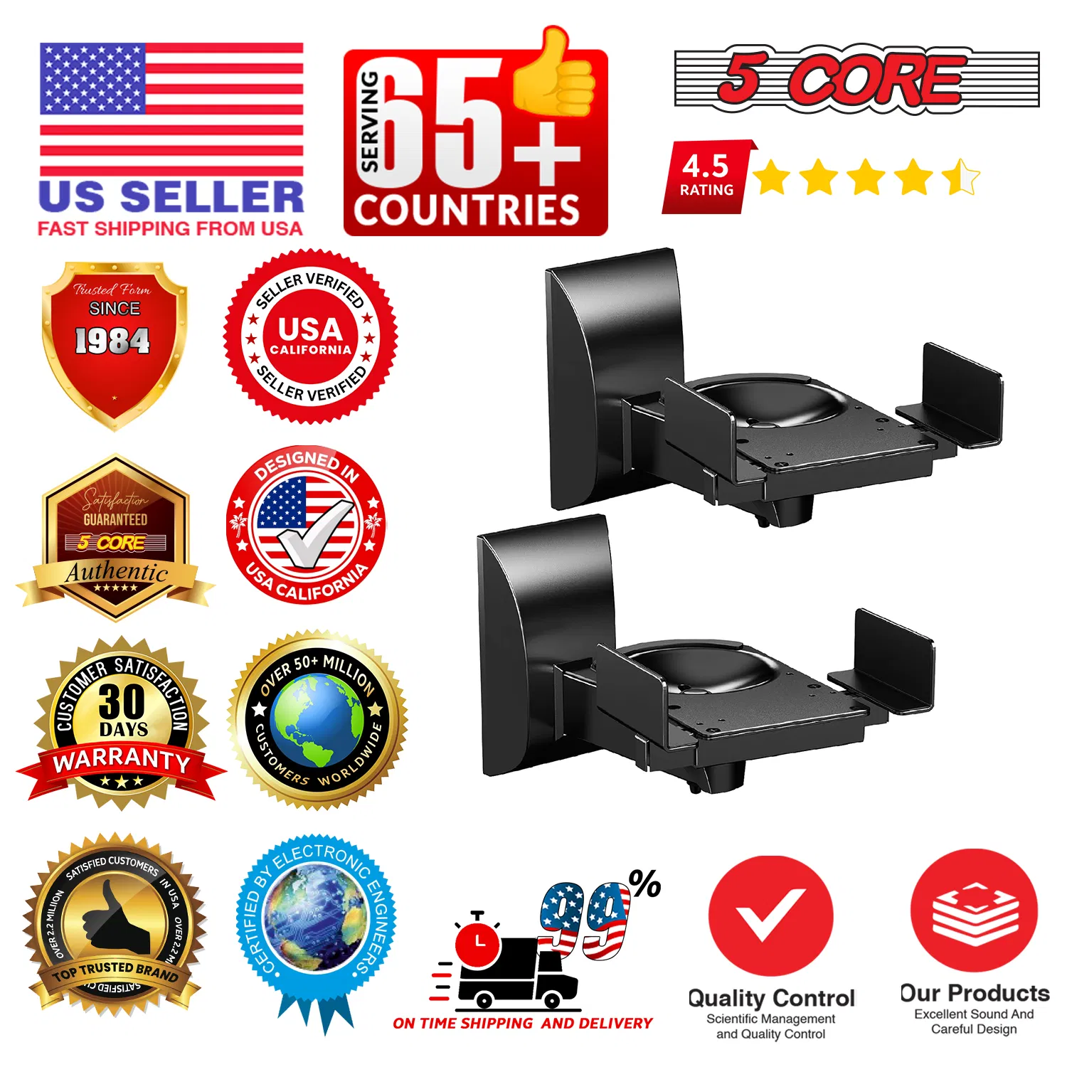 5 CORE Speaker Wall Ceiling Mount Stand 2Pcs Black Sturdy Speaker Mounting Bracket w Adjustable Swivel Tilt Retractable Telescopic Arm for Surround Sound Satellite Speakers photo 7