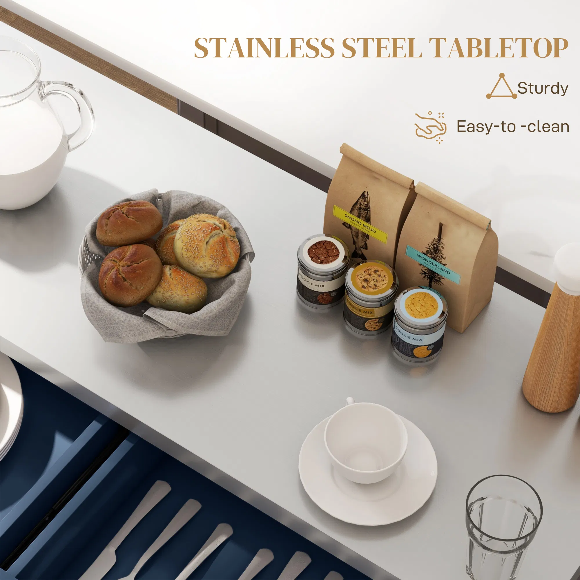 Rolling Kitchen Island with Storage and Stainless Steel Top, Kitchen Trolley with Drawers, Cabinets, Towel Rack, Blue photo 2