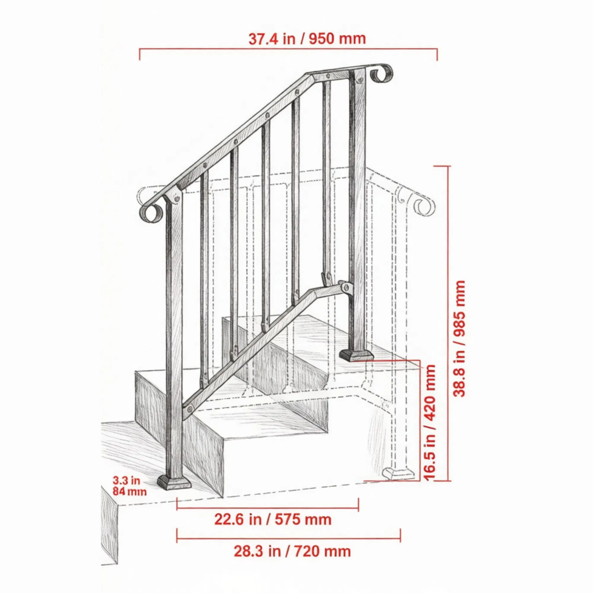 2-3 Step Outdoor Stair Handrail Kit, Black Retro Arch Carbon Steel Railing with Installation Kit photo 4