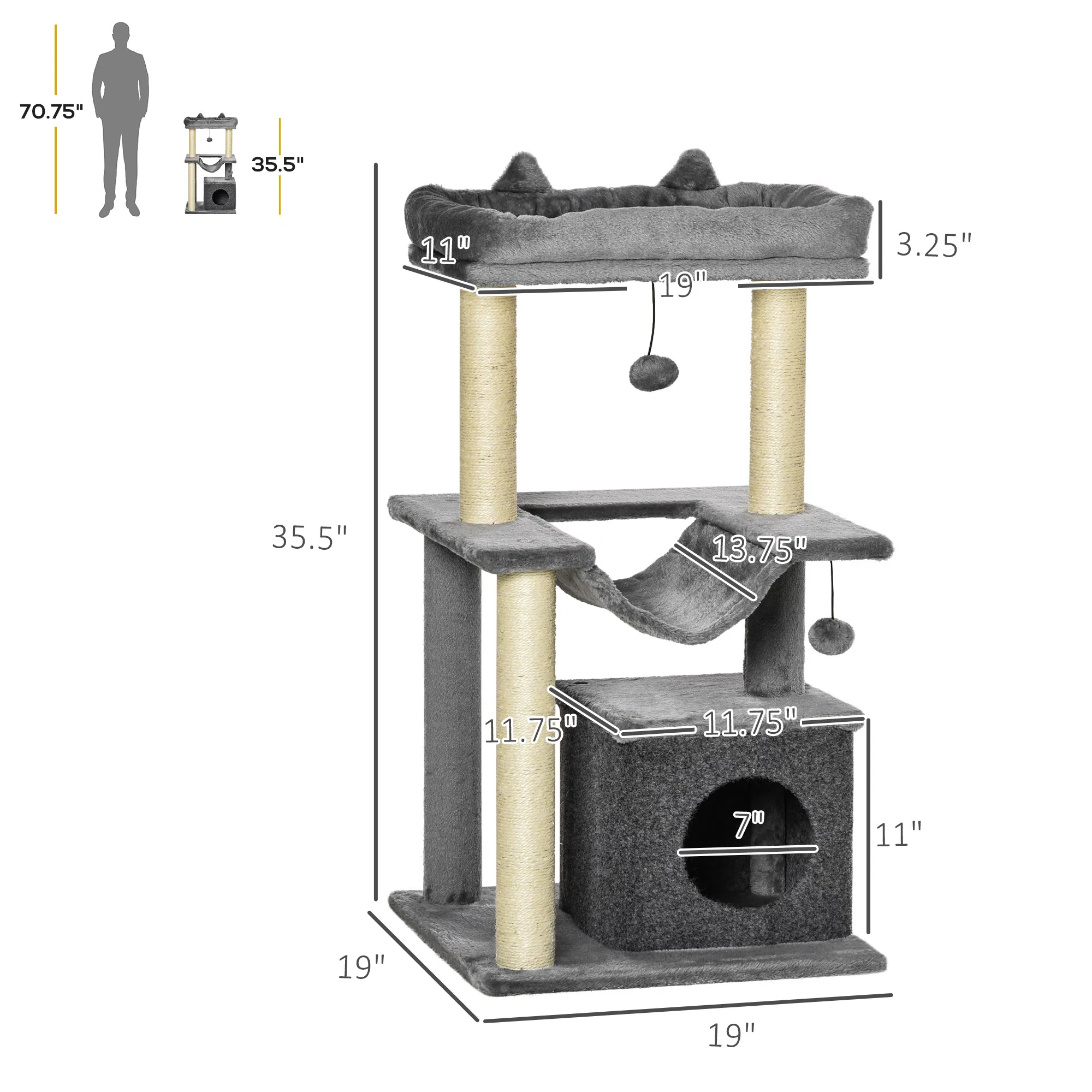 39.25'' Cat Tree Tower Multi-Level Kitten House with Scratching Post Condo Hammock Bed Ball Toy - Gray photo 4