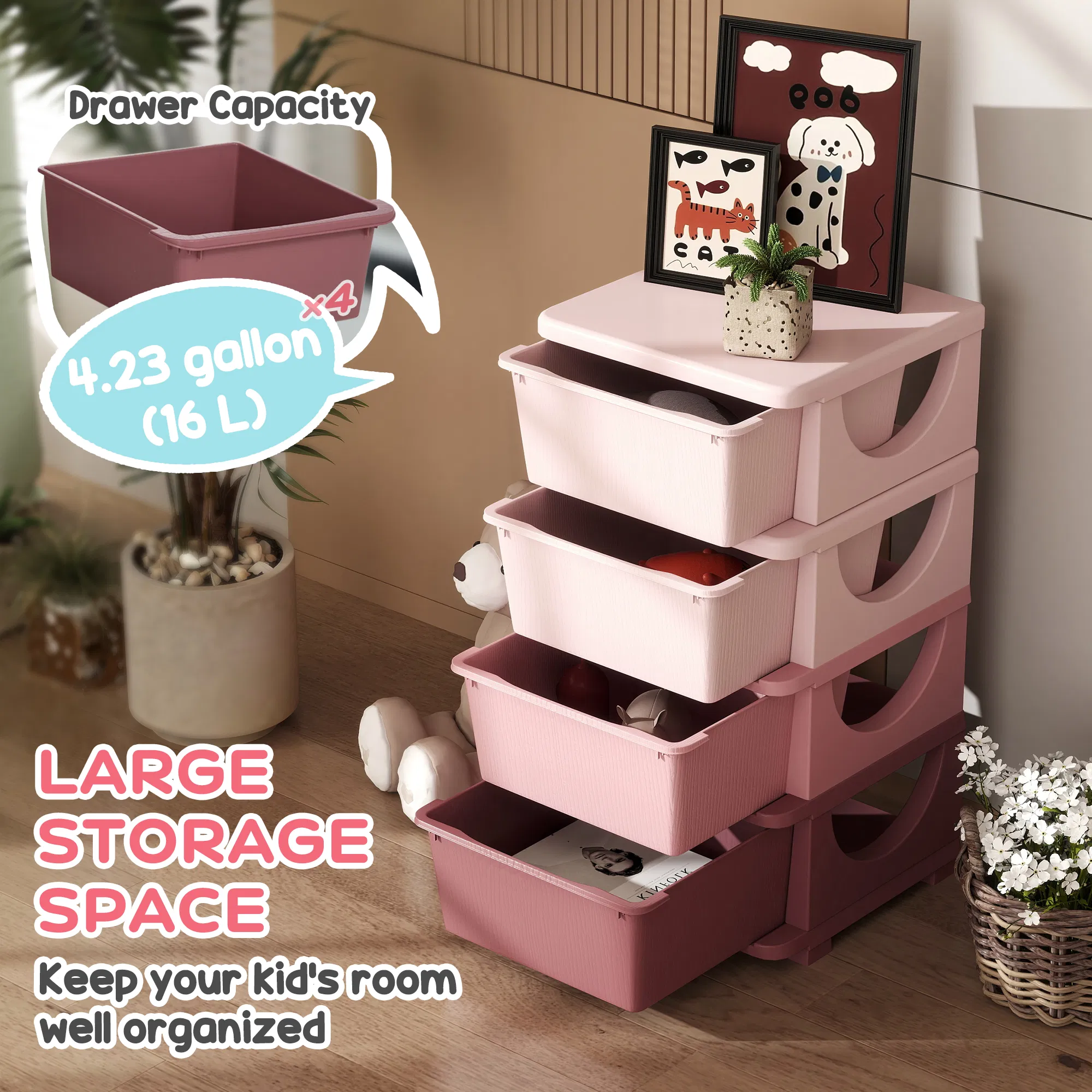4 Tier Kids Toy Organizer and Storage Bins with 4 Plastic Drawers, Pink photo 2