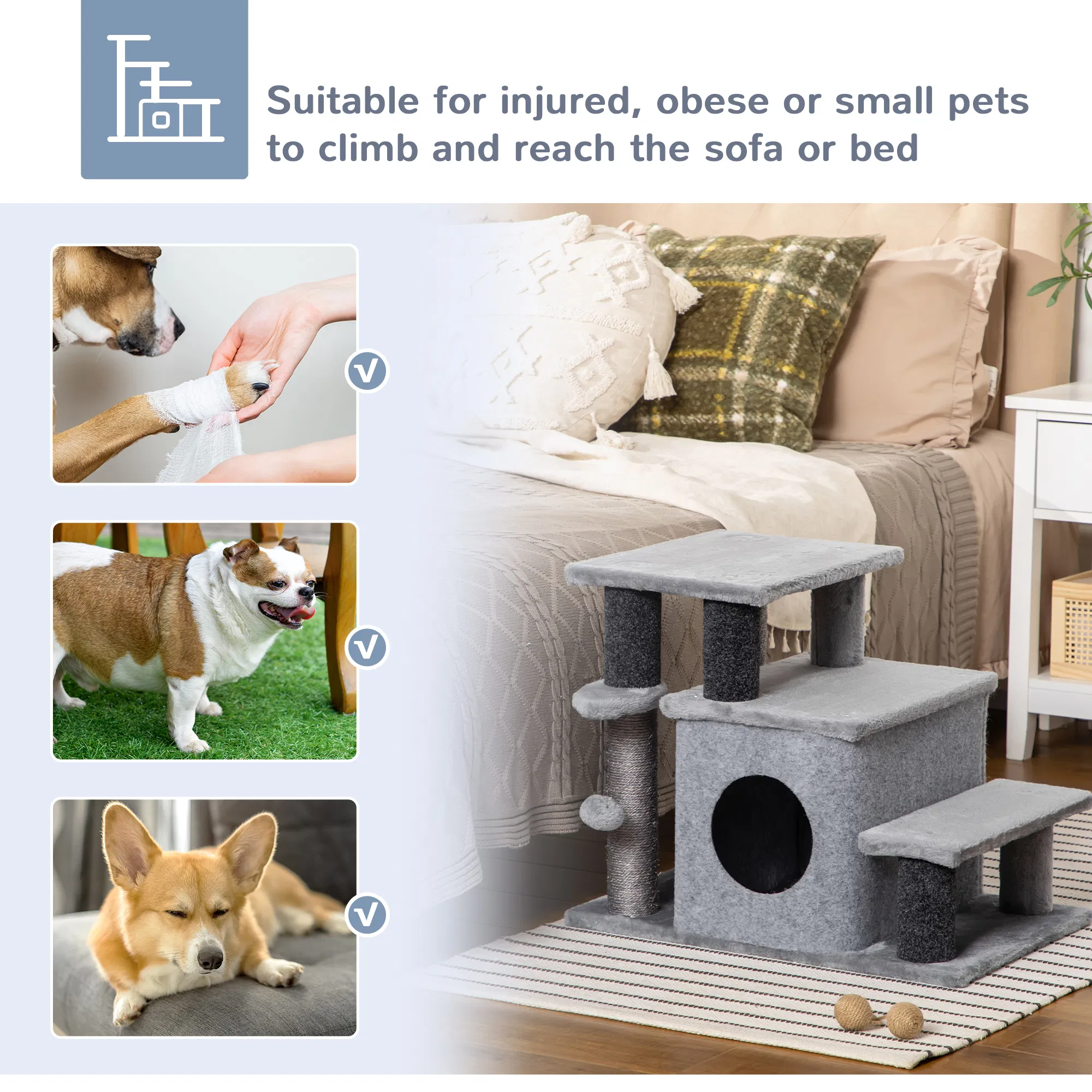 Cat Stairs Pet Steps for Couch Bed with Scratching Posts Condo Ball Toy, 23.6" x 15.7" x 26", Grey photo 4