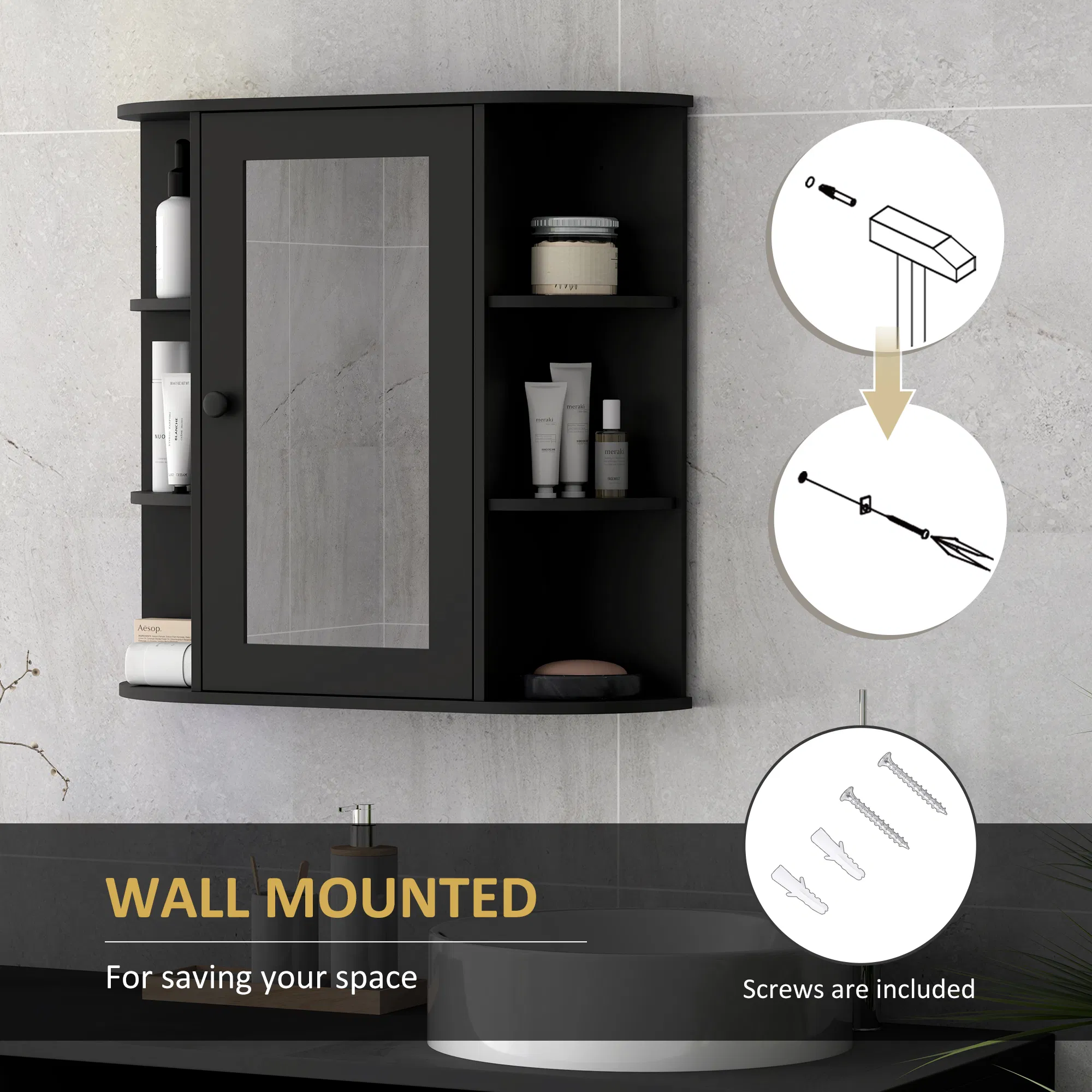 Mirrored Bathroom Wall Cabinet Wall Mounted Medicine Cabinet with Door & Shelves, Black photo 5