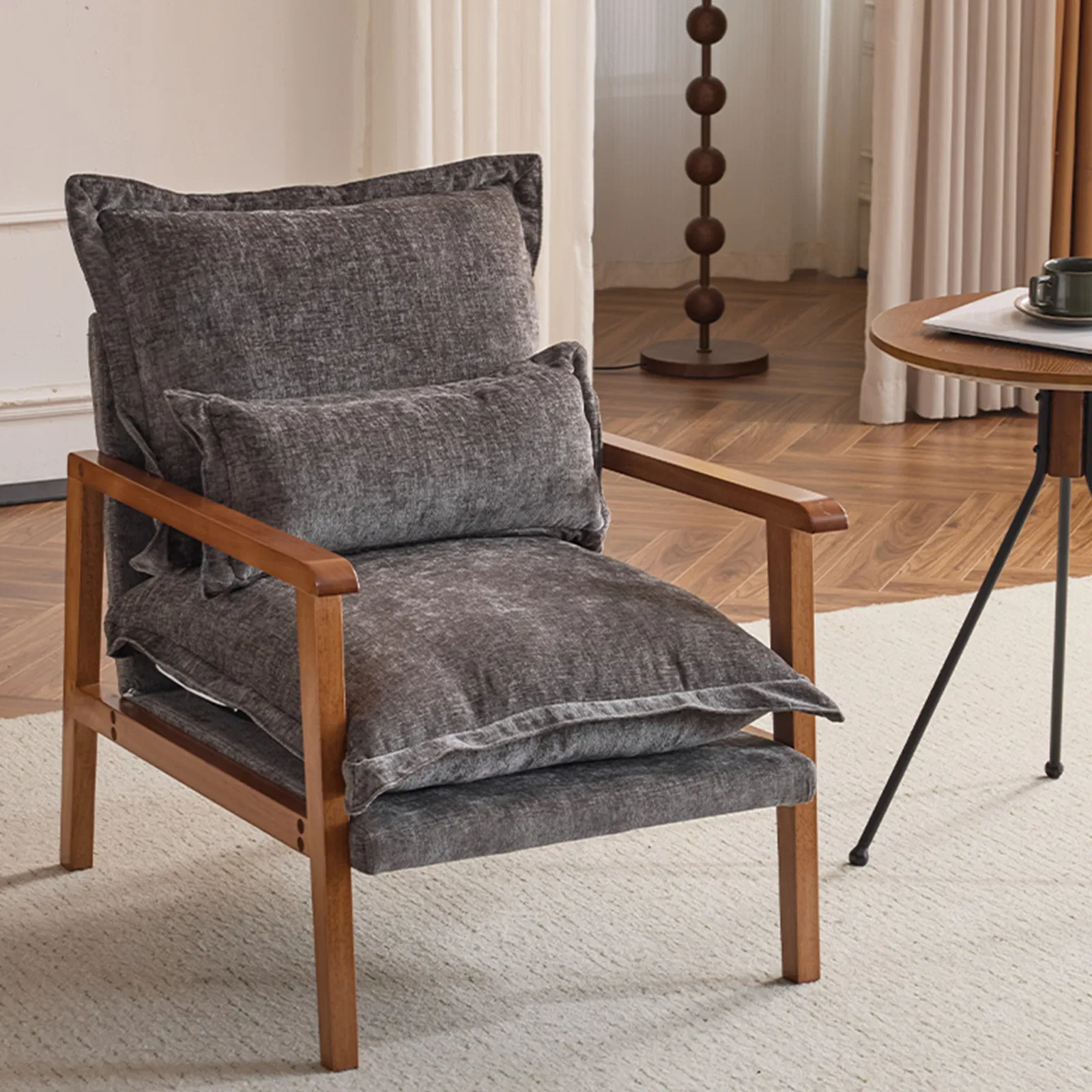 Cloud Shaped Indoor Leisure Chair with Solid Wood Armrest & Solid Wood Frame, Chenille Fabric Accent Chair with Lumbar Pillow, Single Sofa Chair Dark Grey photo 2