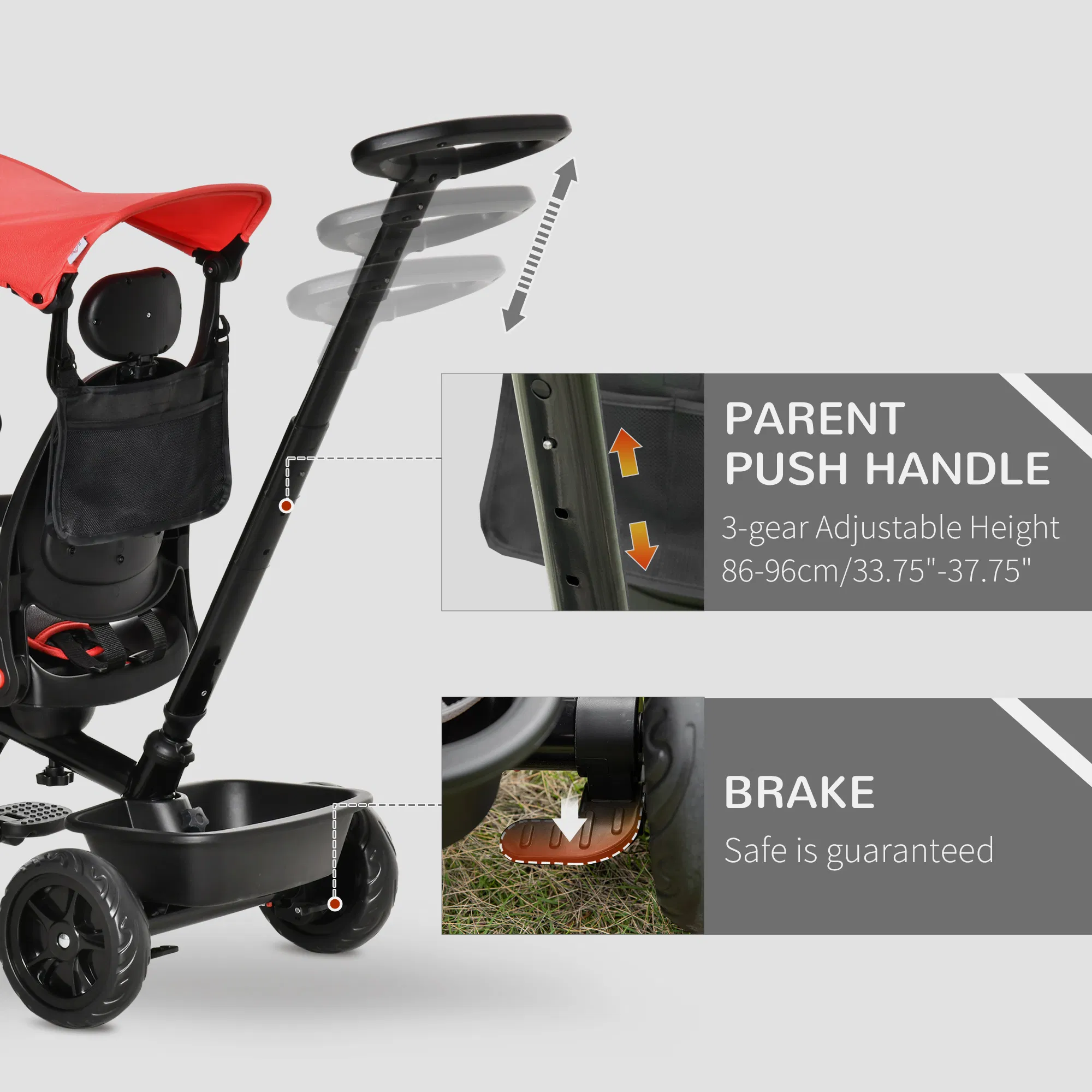 Kids Tricycle 4 In 1 Trike with Reversible Angle Adjustable Seat Removable Handle Canopy Handrail Belt Storage Footrest Brake Clutch for 1-5 Years Old Red photo 4
